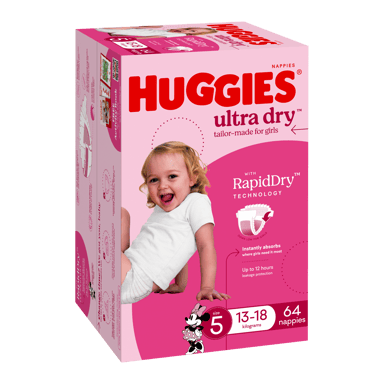 HUGGIES JUMBO ULTRADRY NAPPIES WALKER GIRL 64 PACK