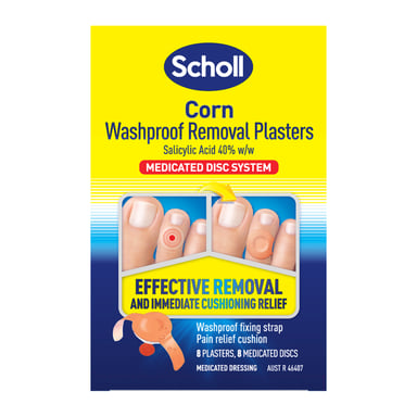 SCHOLL CORN REMOVAL PLASTERS WASHPROOF MEDICATED 8 PACK