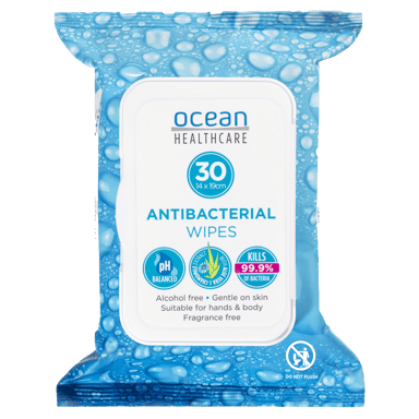 OCEAN HEALTHCARE ANTIBACTERIAL WIPES FRAGRANCE FREE 30 PACK