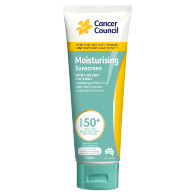 CANCER COUNCIL MOISTURE SUNSCREEN ALOE & VITAMIN E TUBE SPF50+ 110ML