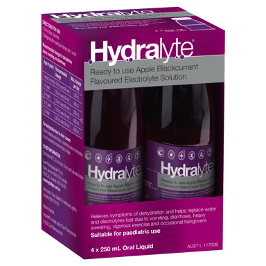 HYDRALYTE LIQUID APPLE BLACKCURRANT READY TO DRINK 250ML 4 PACK