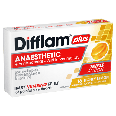 DIFFLAM PLUS ANAESTHETIC HONEY & LEMON SUGAR FREE 16 LOZENGES