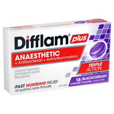 DIFFLAM PLUS ANAESTHETIC BLACKCURRANT SUGAR FREE 16 LOZENGES