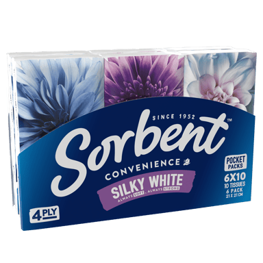 SORBENT FACIAL TISSUES SILKY WHITE HANDY PACK 6 PACK