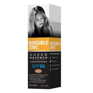 INVISIBLE ZINC SHEER DEFENCE TINTED MEDIUM SUNSCREEN SPF50+ 50G