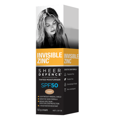 INVISIBLE ZINC SHEER DEFENCE TINTED LIGHT SUNSCREEN SPF50+ 50G
