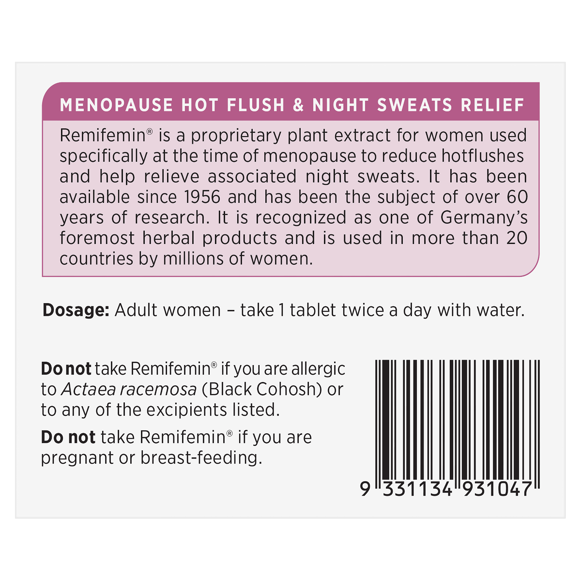REMIFEMIN MENOPAUSE SYMPTOM RELIEF 100 TABLETS - Image 4