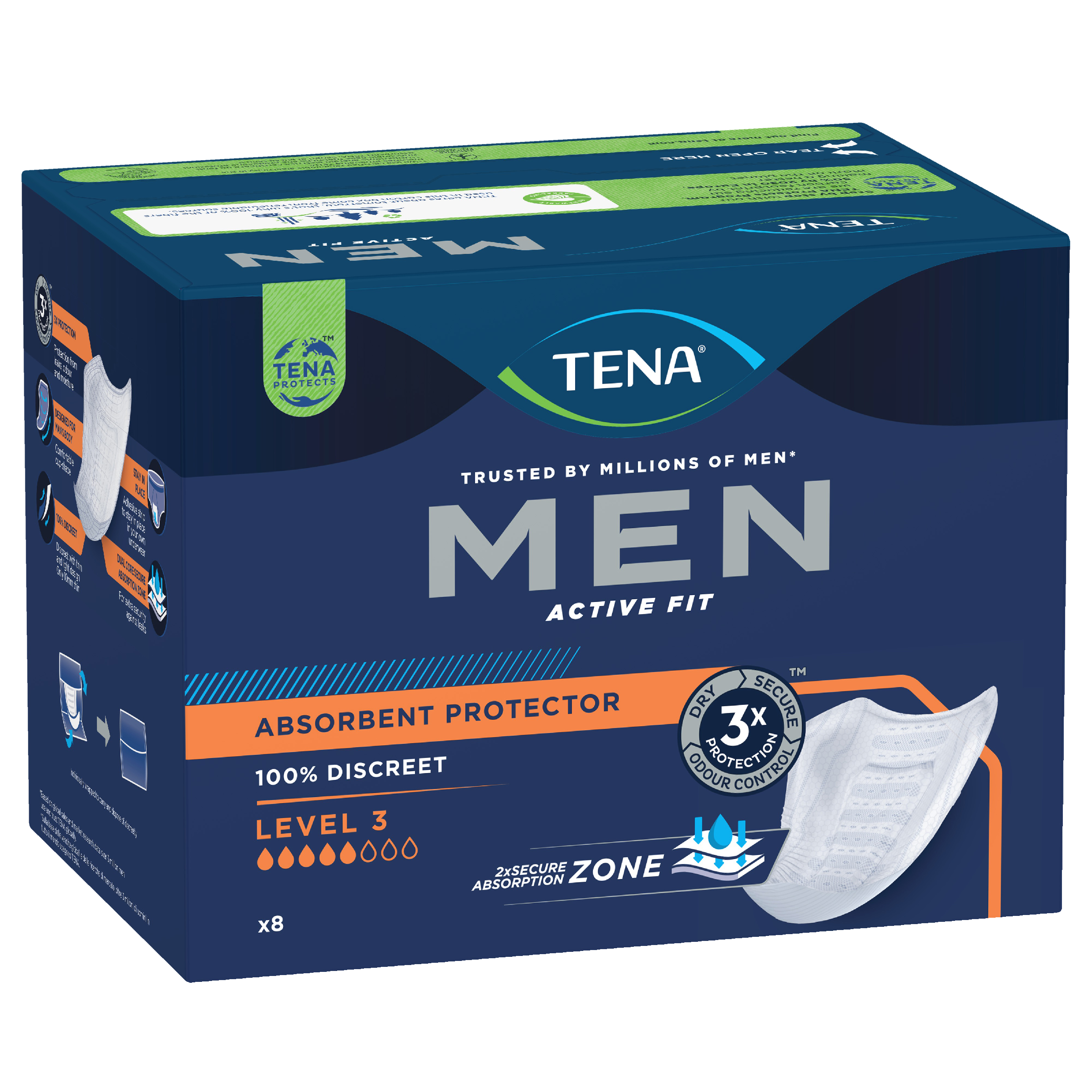 TENA MEN SHIELDS ACTIVE FIT 5D LEVEL 3 8 PACK