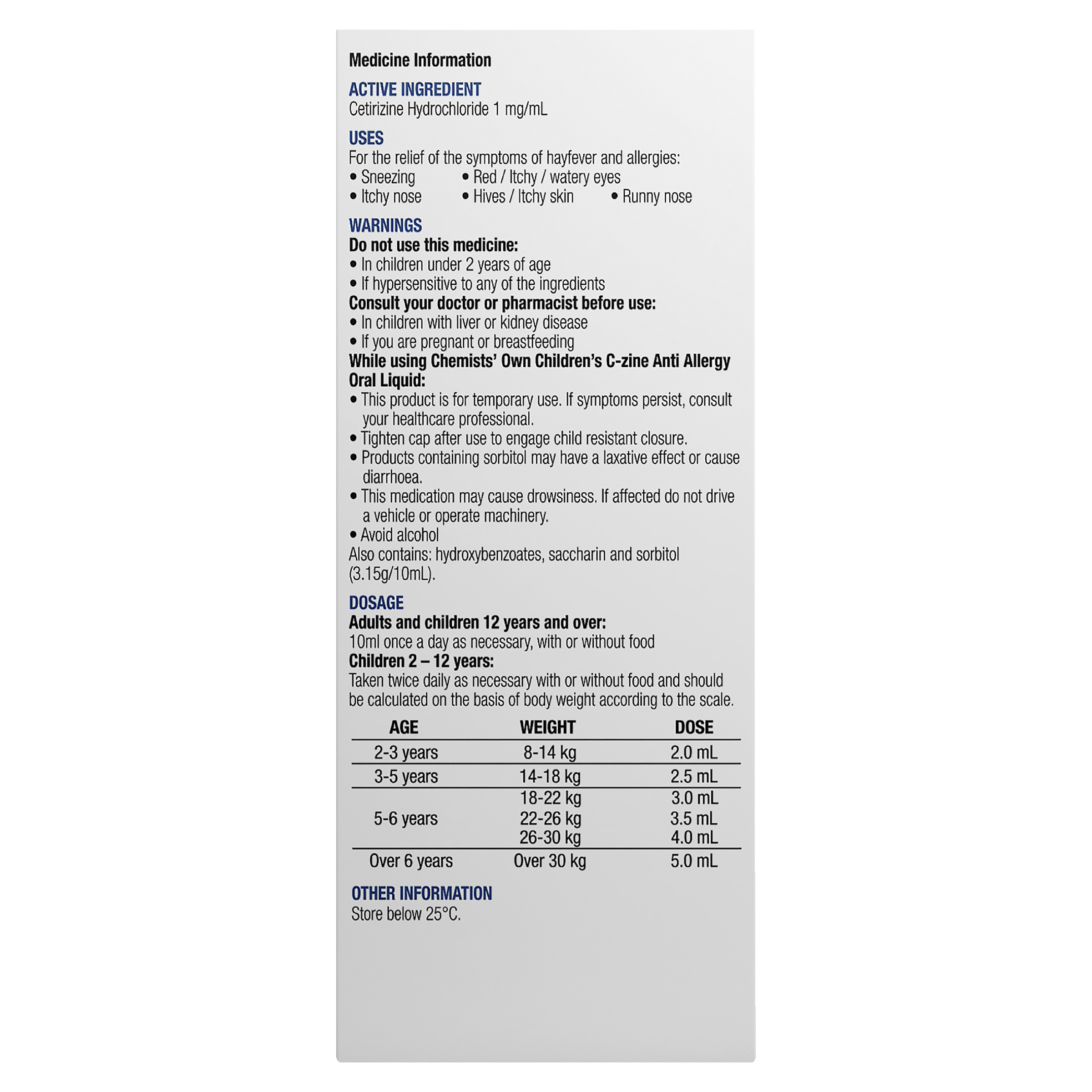 CHEMISTS OWN CHILD C-ZINE ALLERGY & HAYFEVER LIQUID  200ML - Image 3
