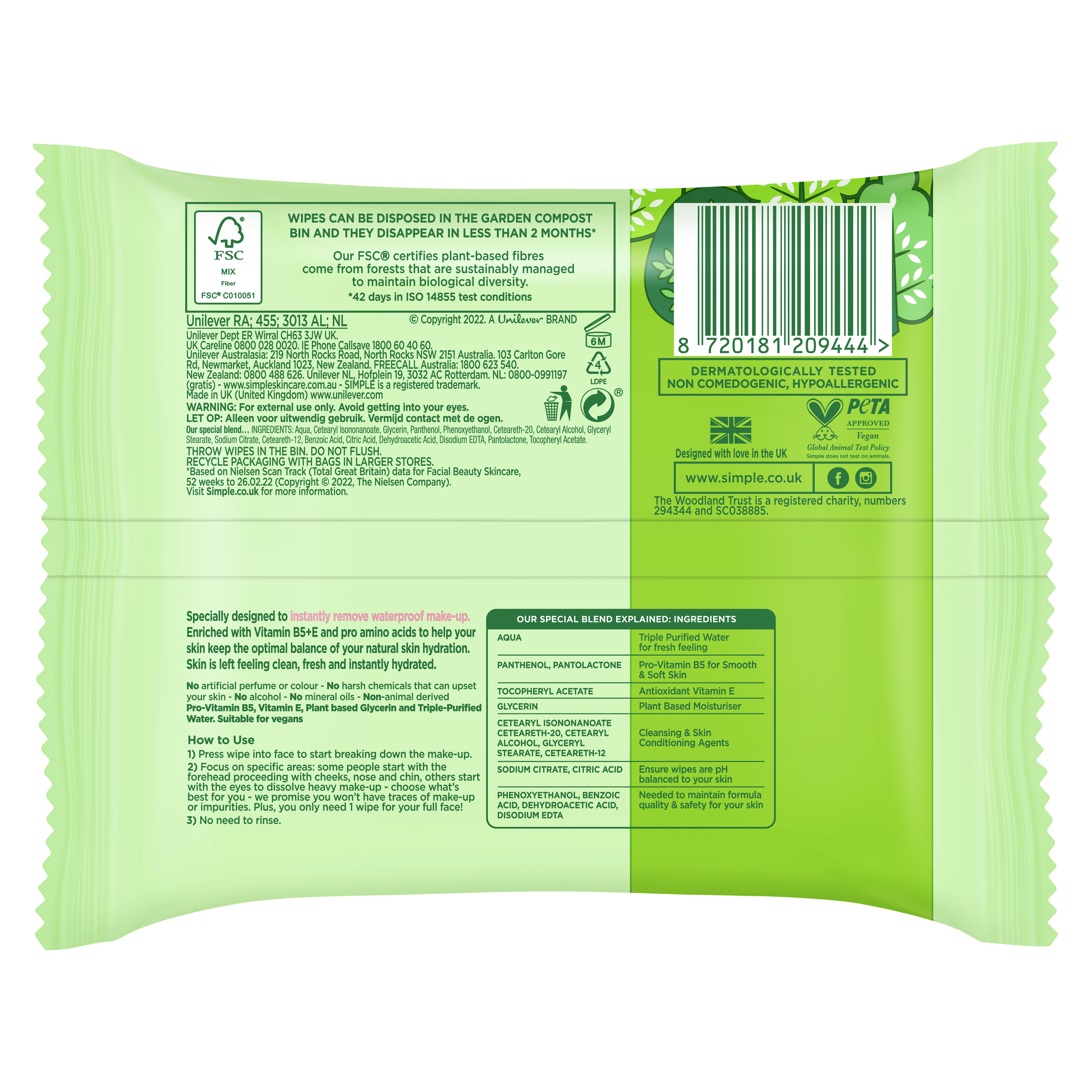 SIMPLE FACE WIPES KIND TO SKIN BIODEGRADABLE 25 PACK - Image 2