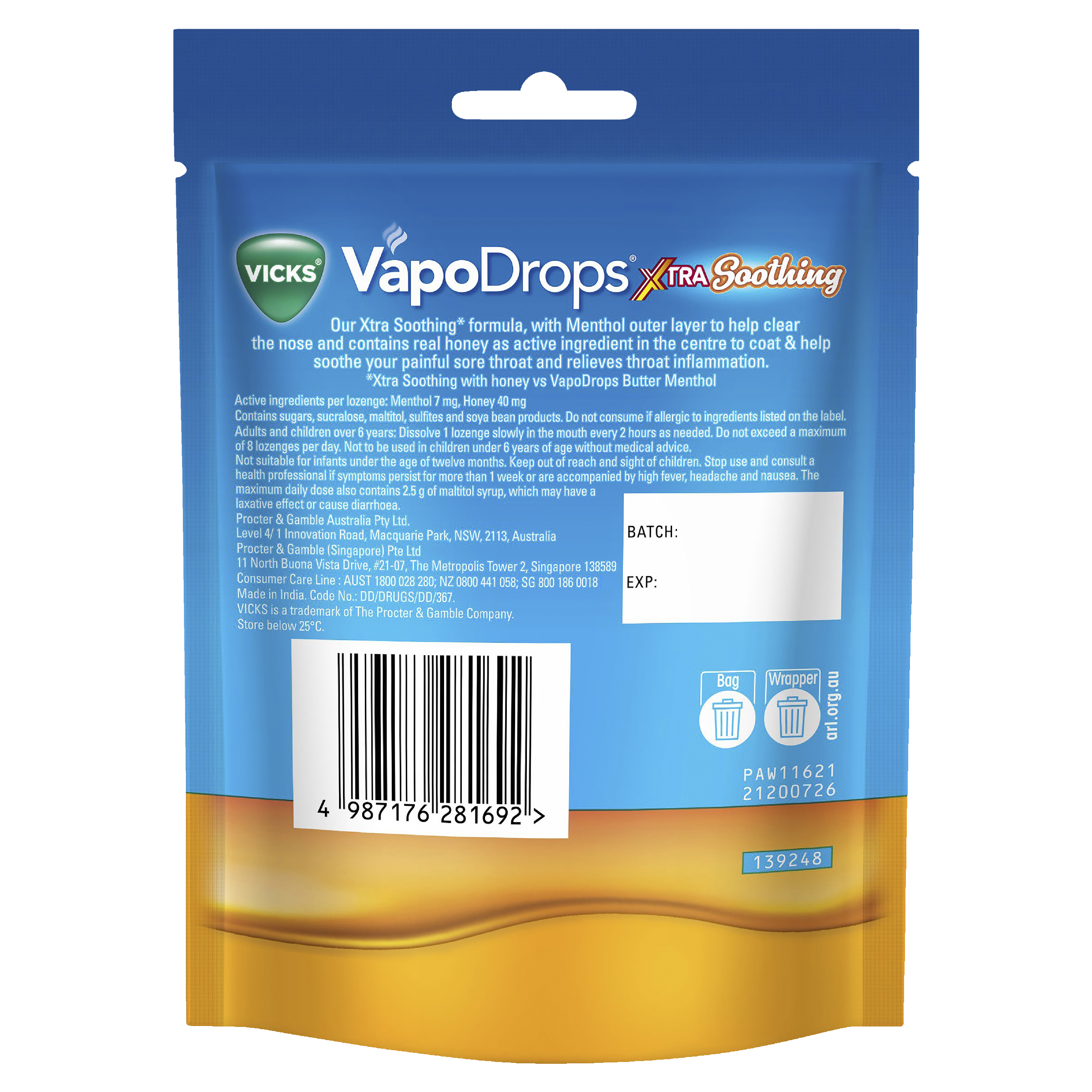 VICKS VAPODROPS XTRA SOOTHING HONEY 16 LOZENGES - Image 2