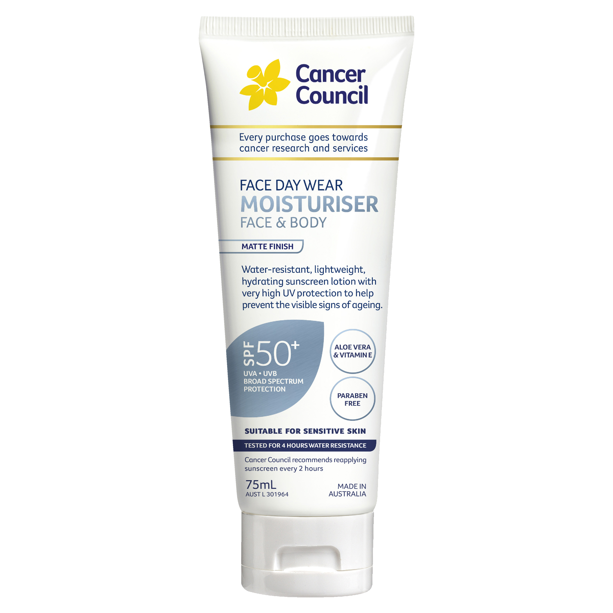CANCER COUNCIL FACE SUNSCREEN MATT INVISIBLE WATER RESISTANT TUBE SPF50+