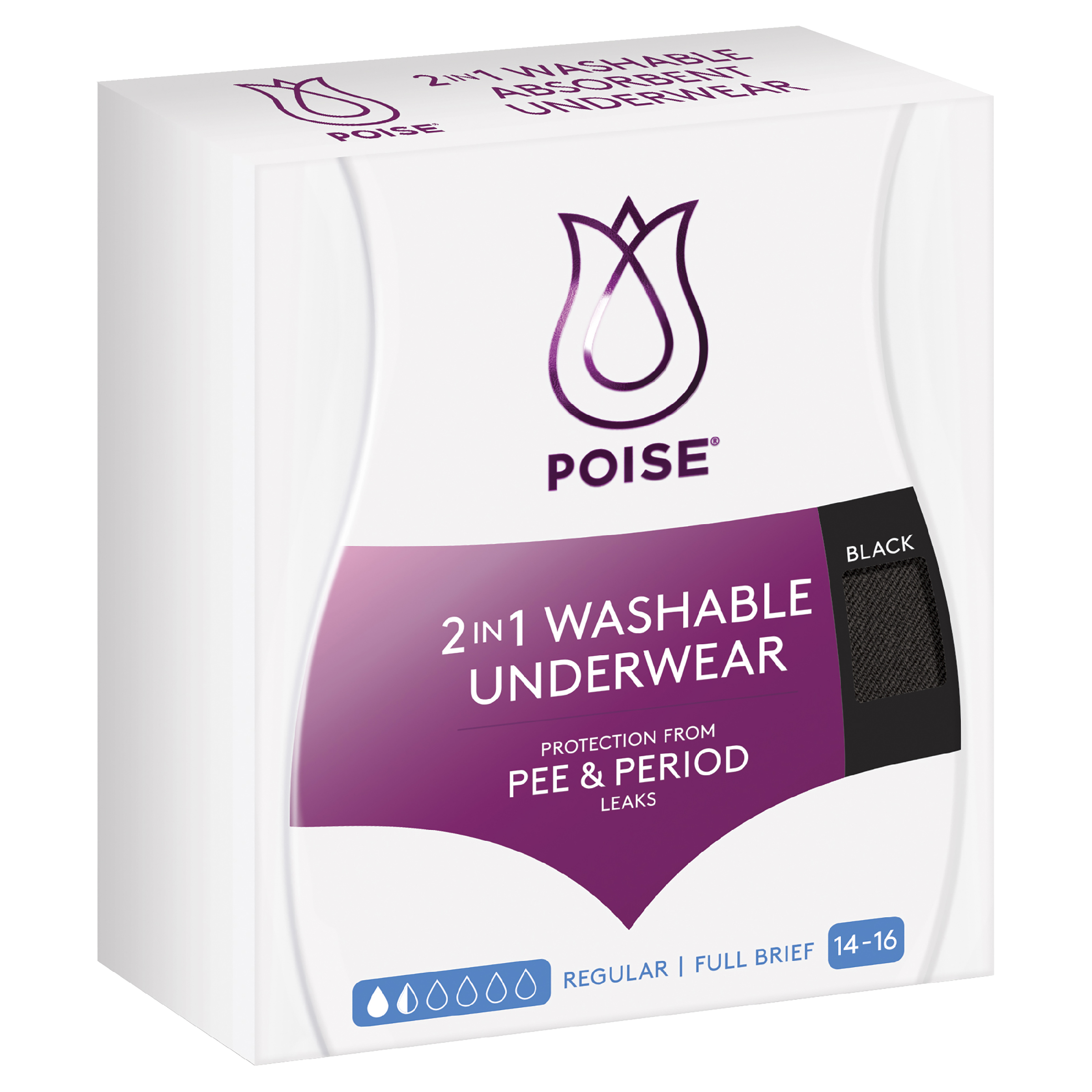POISE 2-IN-1 PERIOD & INCONTINENCE UNDIES BLACK 14/16