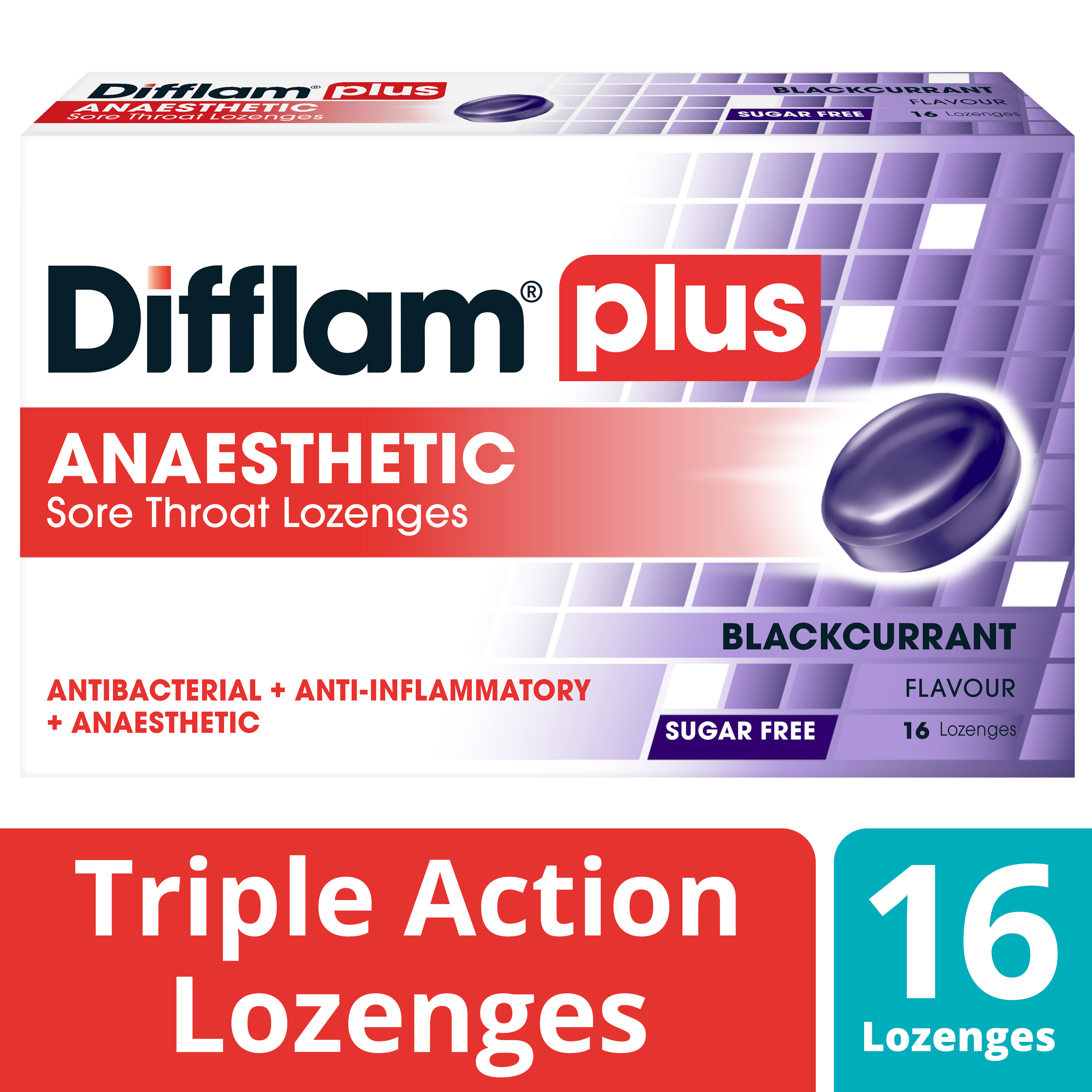 DIFFLAM PLUS ANAESTHETIC BLACKCURRANT SUGAR FREE 16 LOZENGES - Image 11