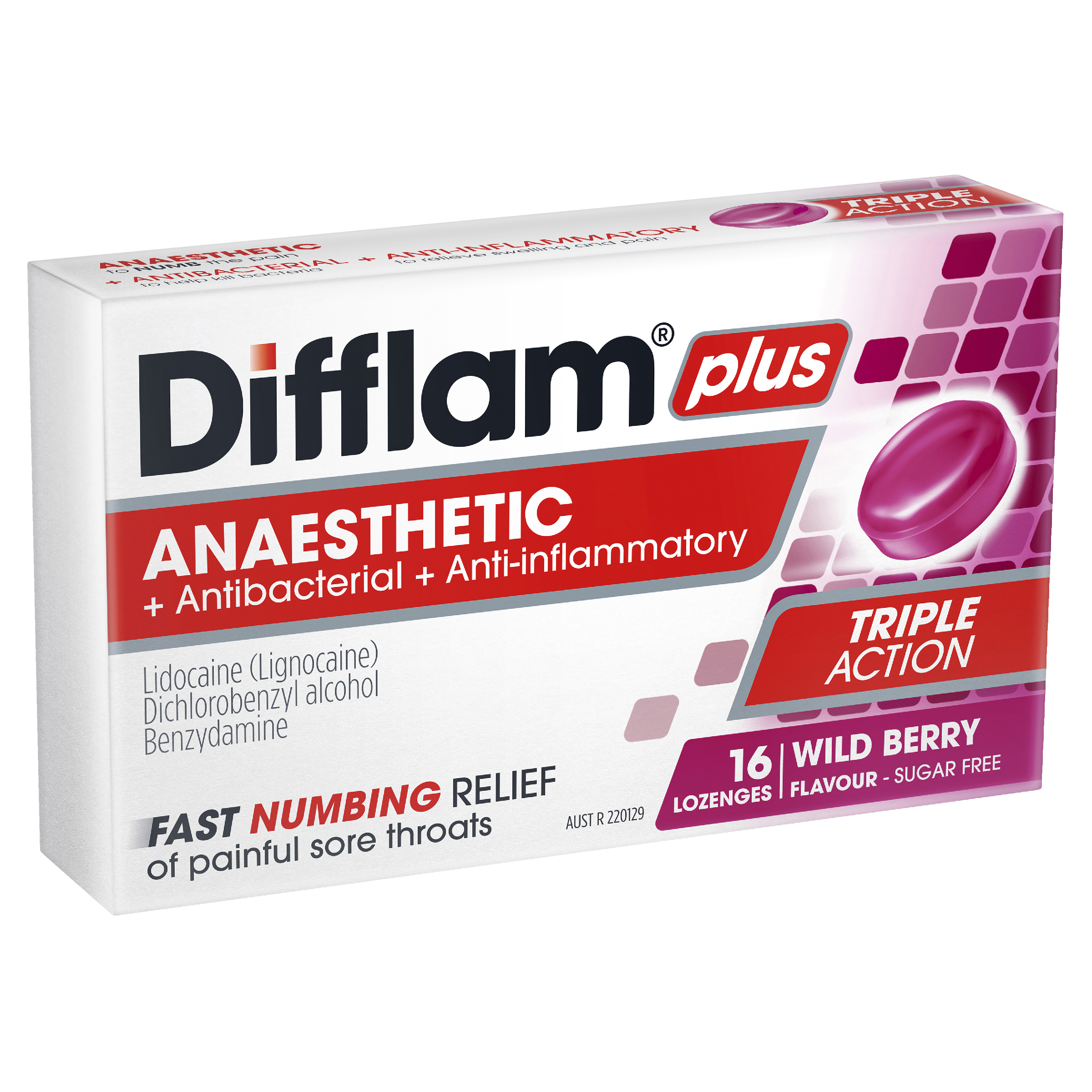 DIFFLAM PLUS ANAESTHETIC WILD BERRY THROAT 16 LOZENGES