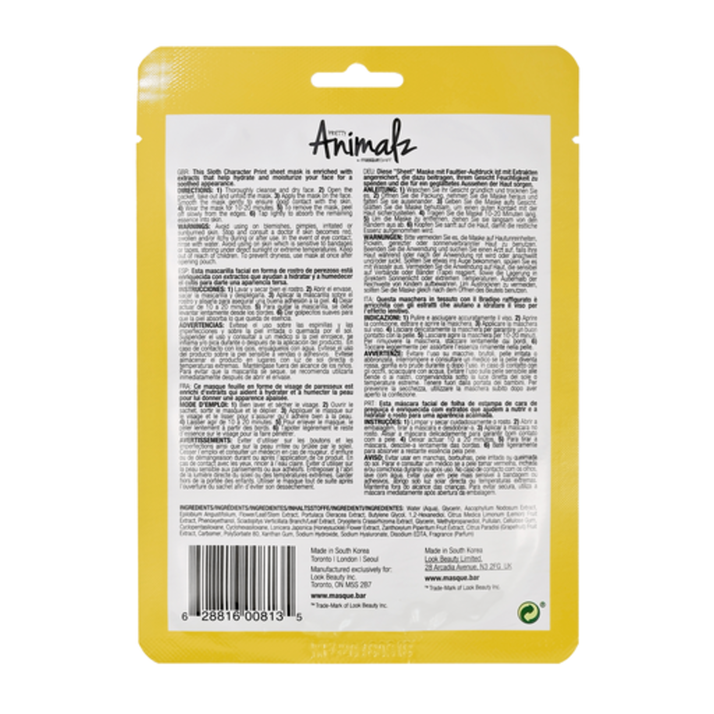 MASQUE BAR ANIMALZ FACE MASK SLOTH 1 PACK - Image 2