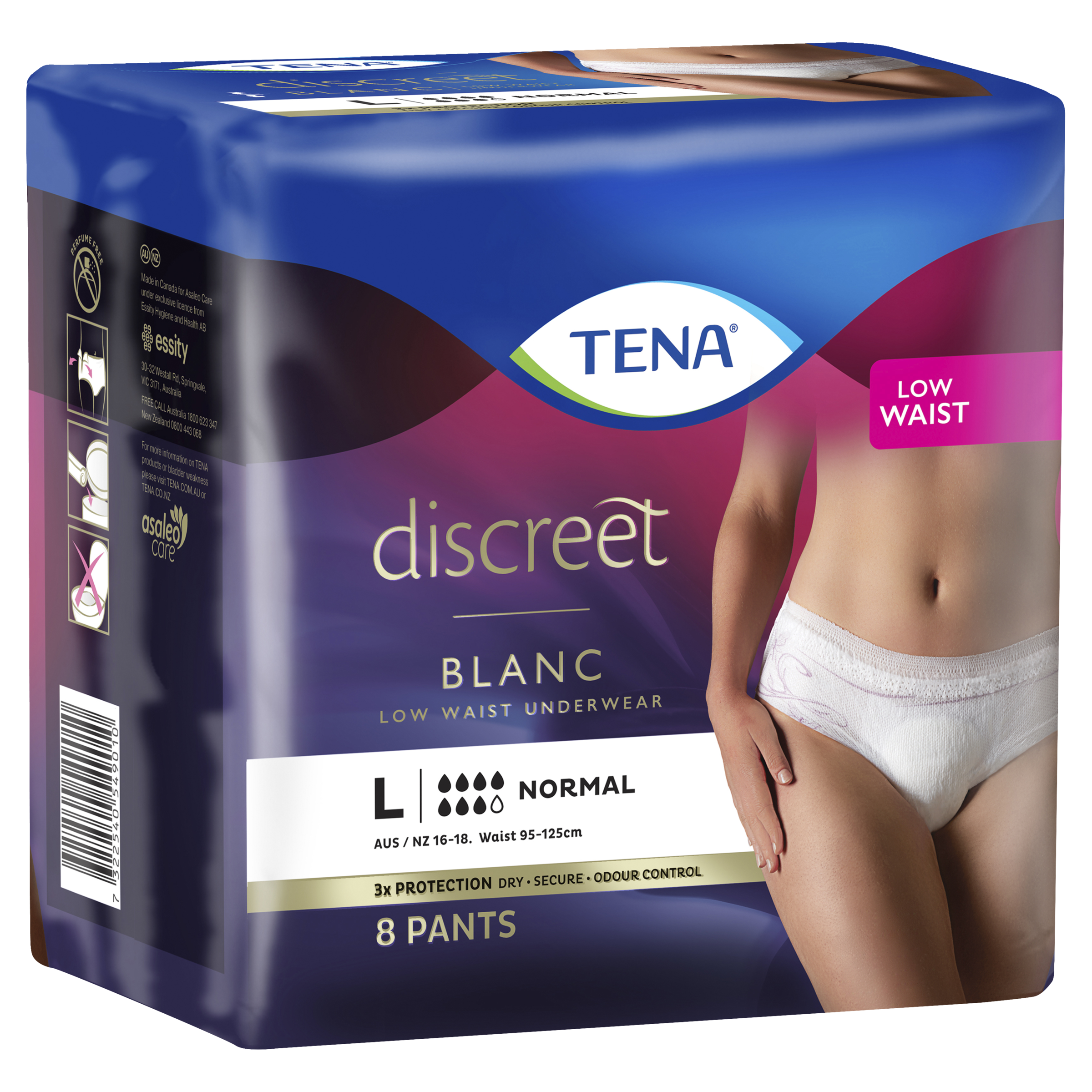 TENA DISCREET UNDERWEAR HIGH WAISTED 7D BLACK LARGE 8 PACK