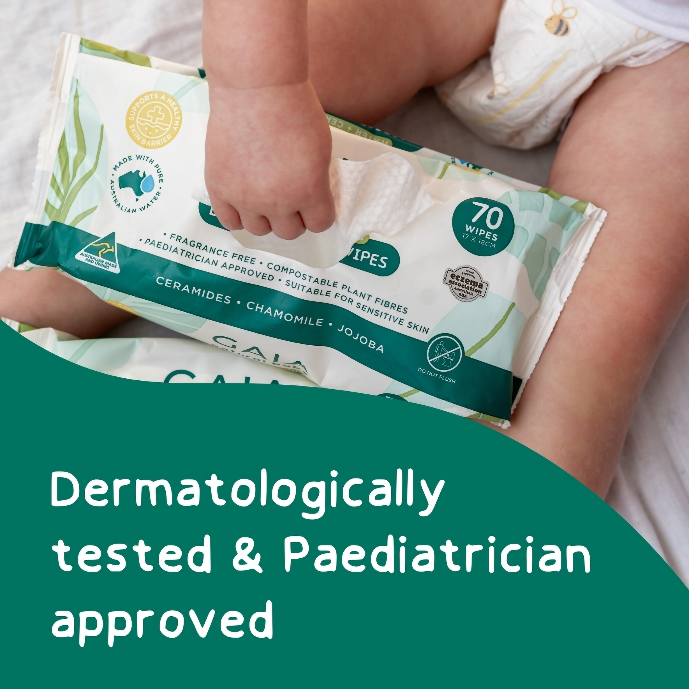 GAIA BABY WIPES NATURAL BIODEGRADABLE WATER + CERAMIDES 70 PACK - Image 8