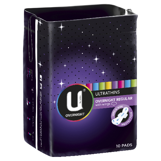 U BY KOTEX PADS ULTRATHIN OVERNIGHT REGULAR WINGS 10 PACK