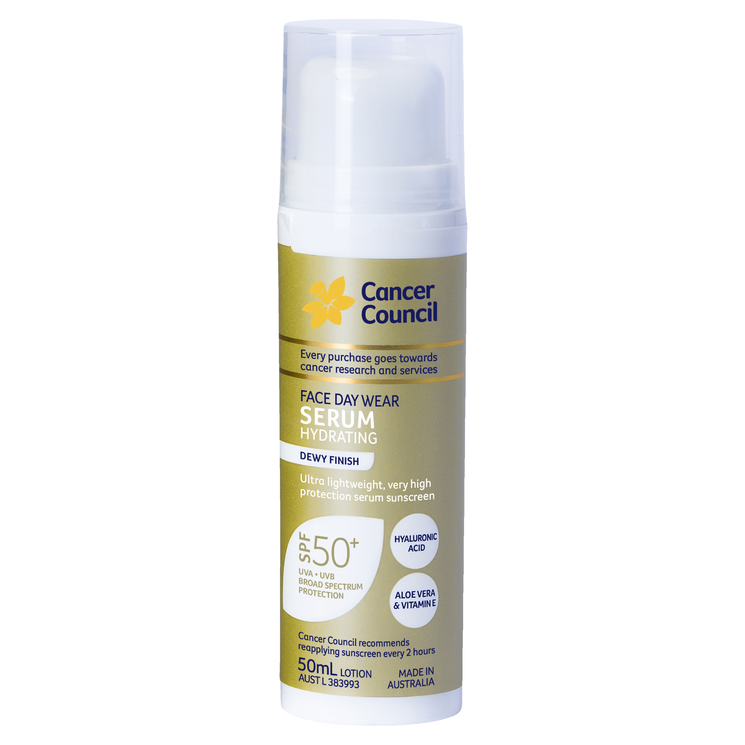 CANCER COUNCIL FACE SUNSCREEN SERUM HYDRATE PUMP SPF50+ 50ML