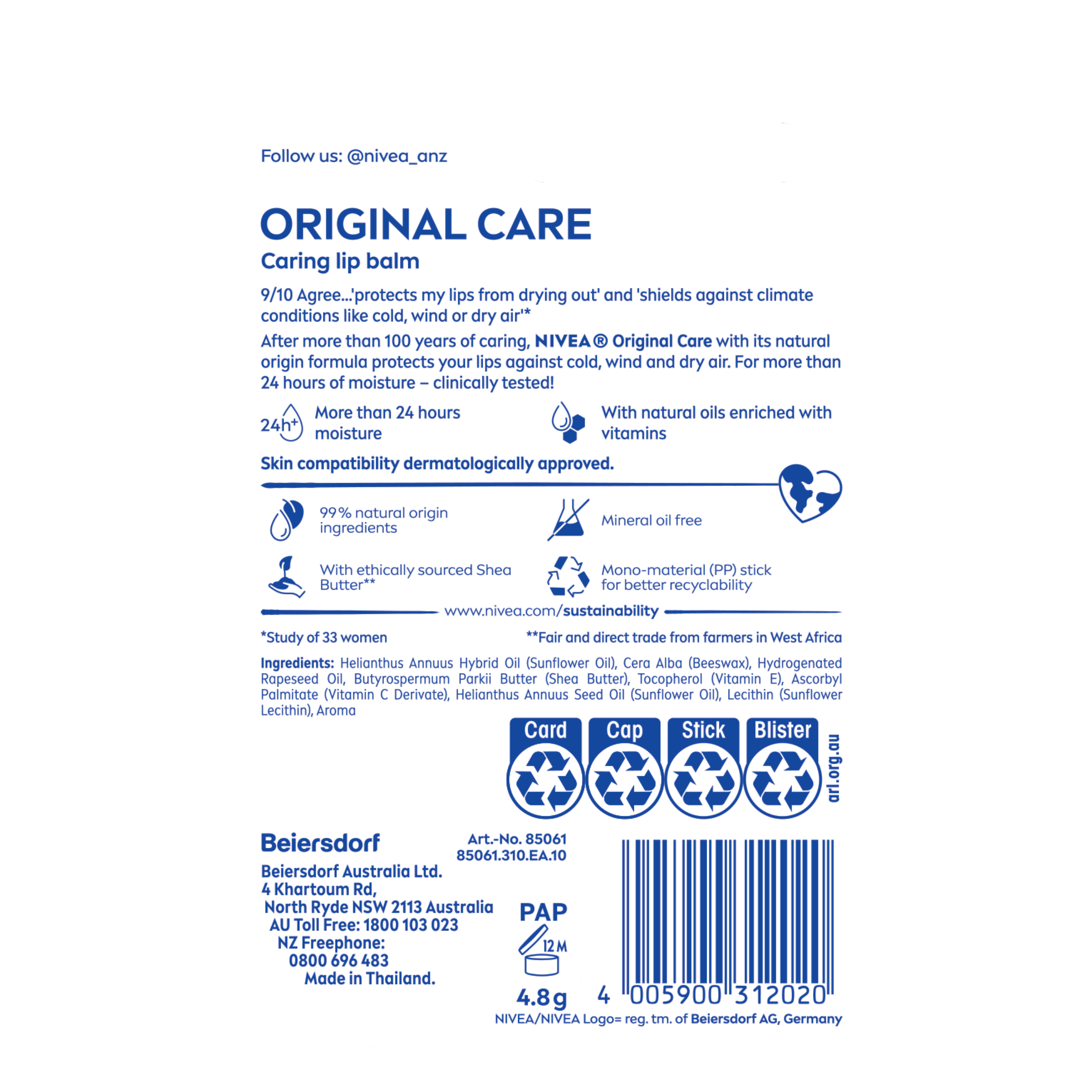 NIVEA LIP BALM STICK ORIGINAL WITH SHEA BUTTER 4.8G - Image 2