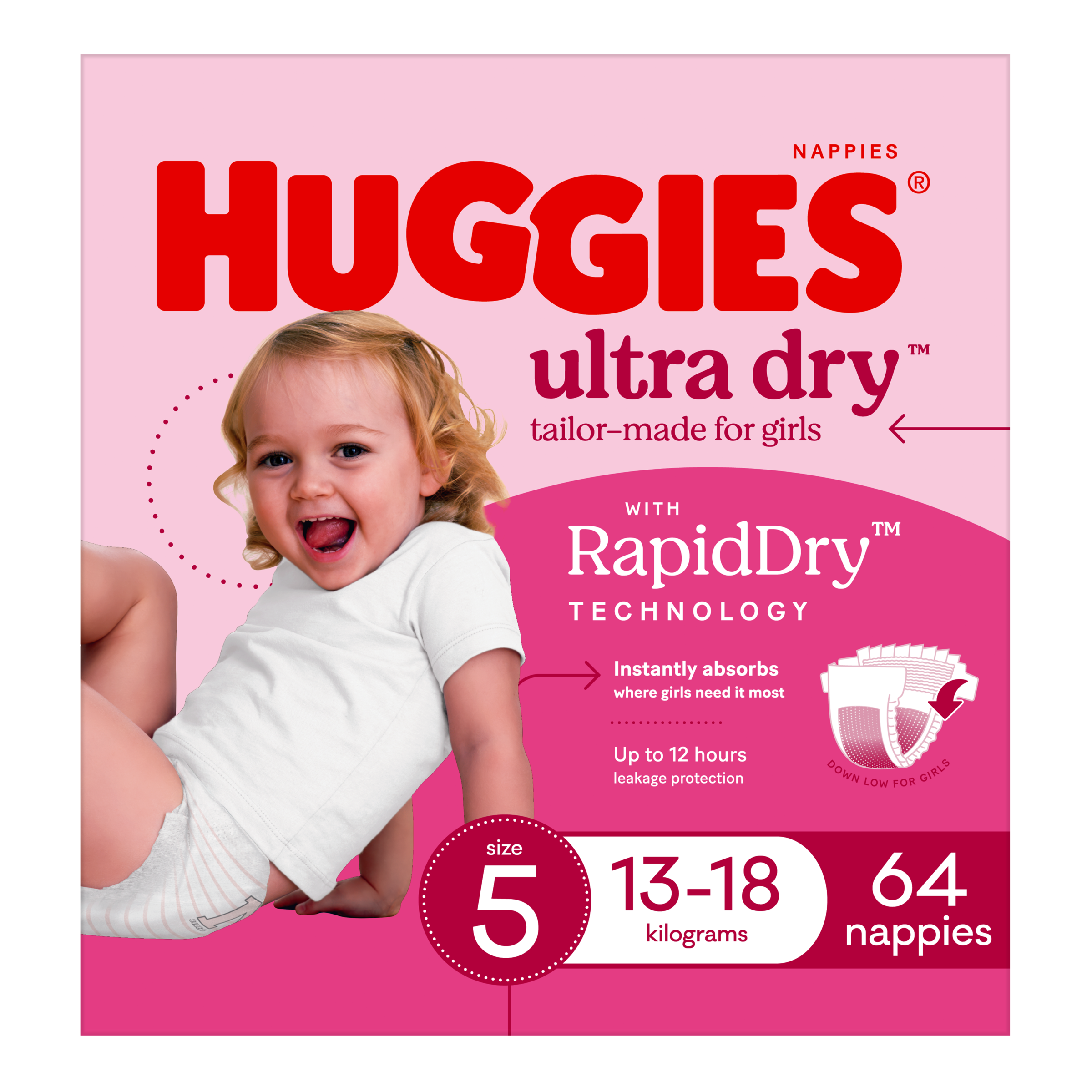 HUGGIES JUMBO ULTRADRY NAPPIES WALKER GIRL 64 PACK - Image 6