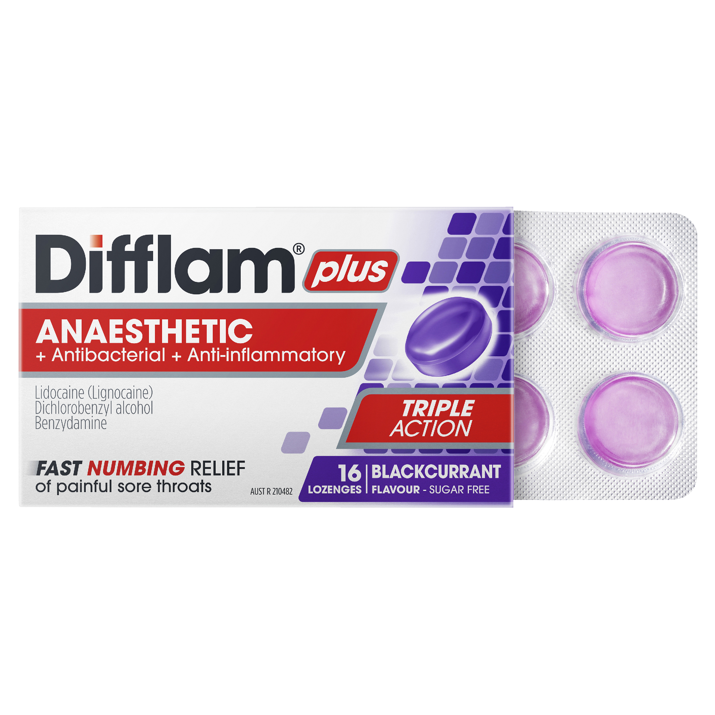 DIFFLAM PLUS ANAESTHETIC BLACKCURRANT SUGAR FREE 16 LOZENGES - Image 8