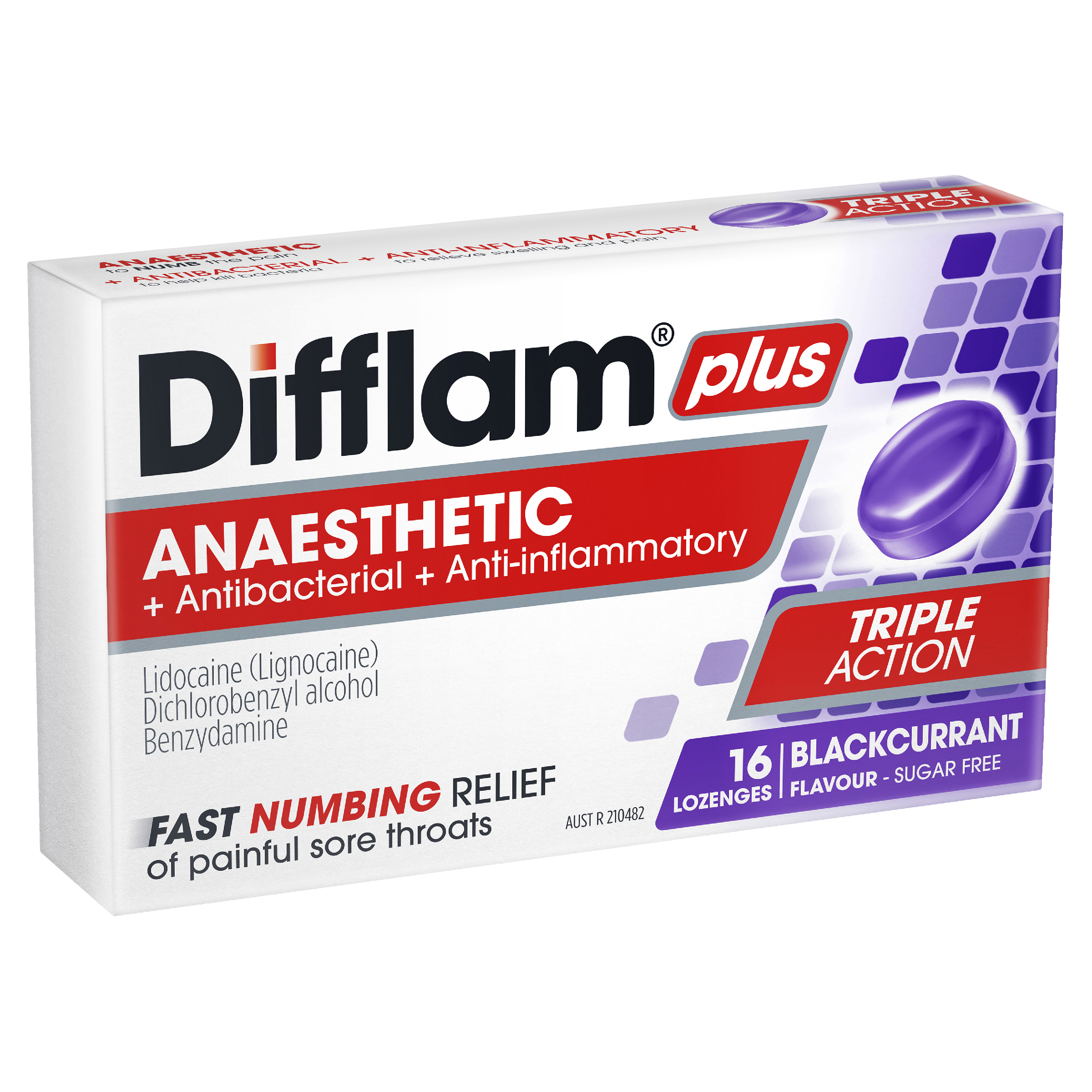 DIFFLAM PLUS ANAESTHETIC BLACKCURRANT SUGAR FREE 16 LOZENGES
