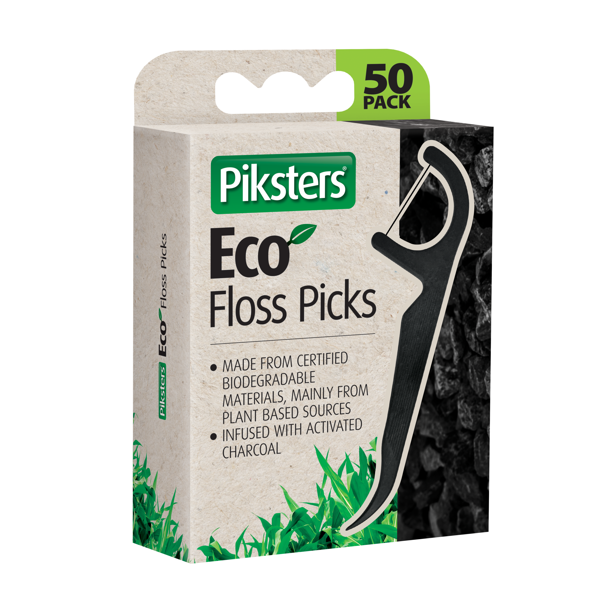 PIKSTERS ECO FLOSS PICK CHARCOAL 50 PACK