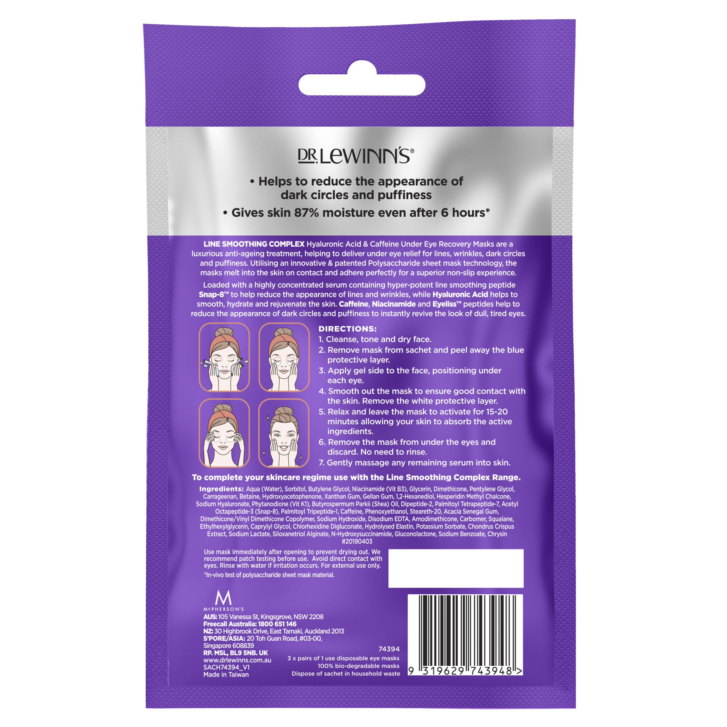 DR LEWINNS LSC HYALURONIC & CAFFIENE EYE RECOVERY MASK 3 PACK - Image 2