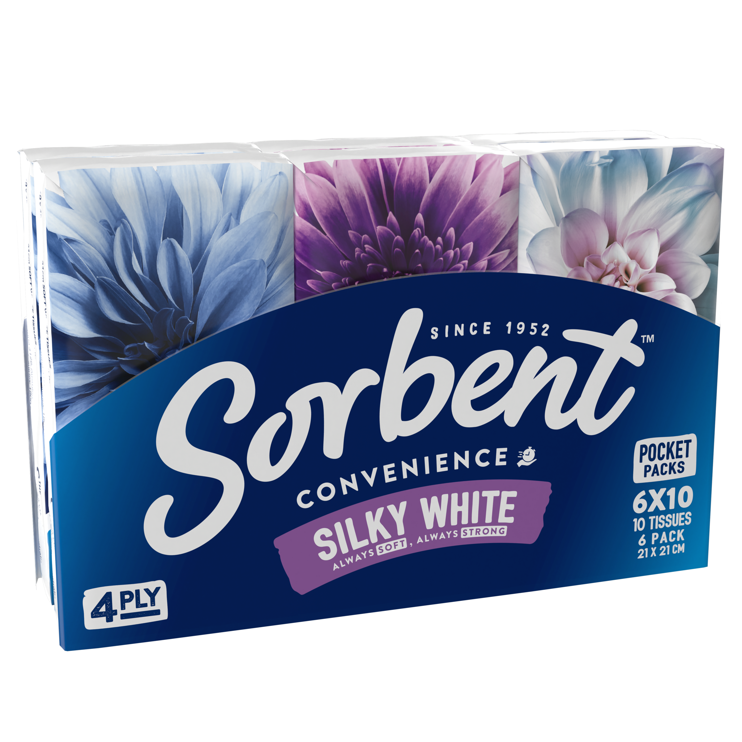 SORBENT FACIAL TISSUES SILKY WHITE HANDY PACK 6 PACK