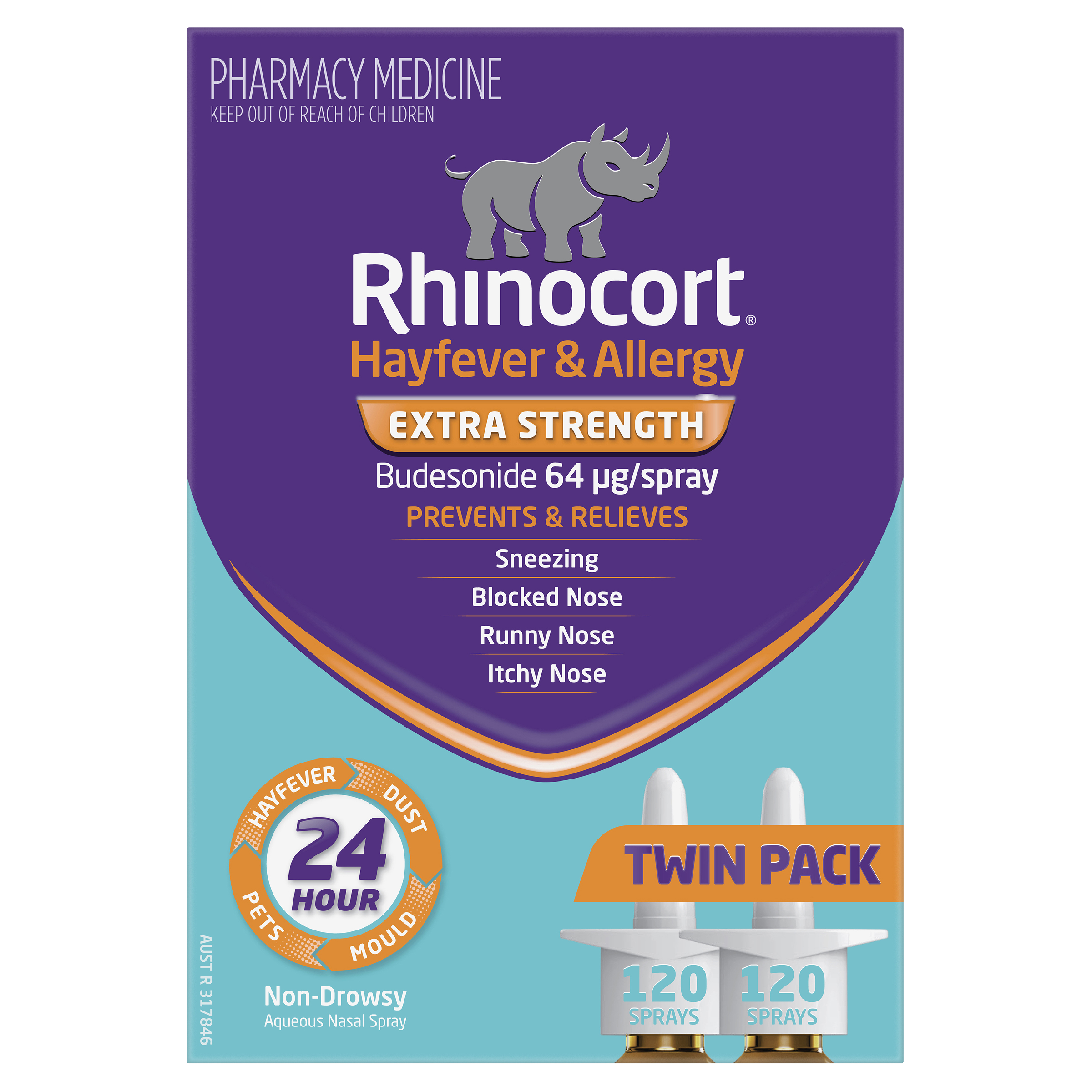 RHINOCORT HAYFEVER NASAL SPRAY 64MCG 120 DOSE TWIN PACK - Image 2