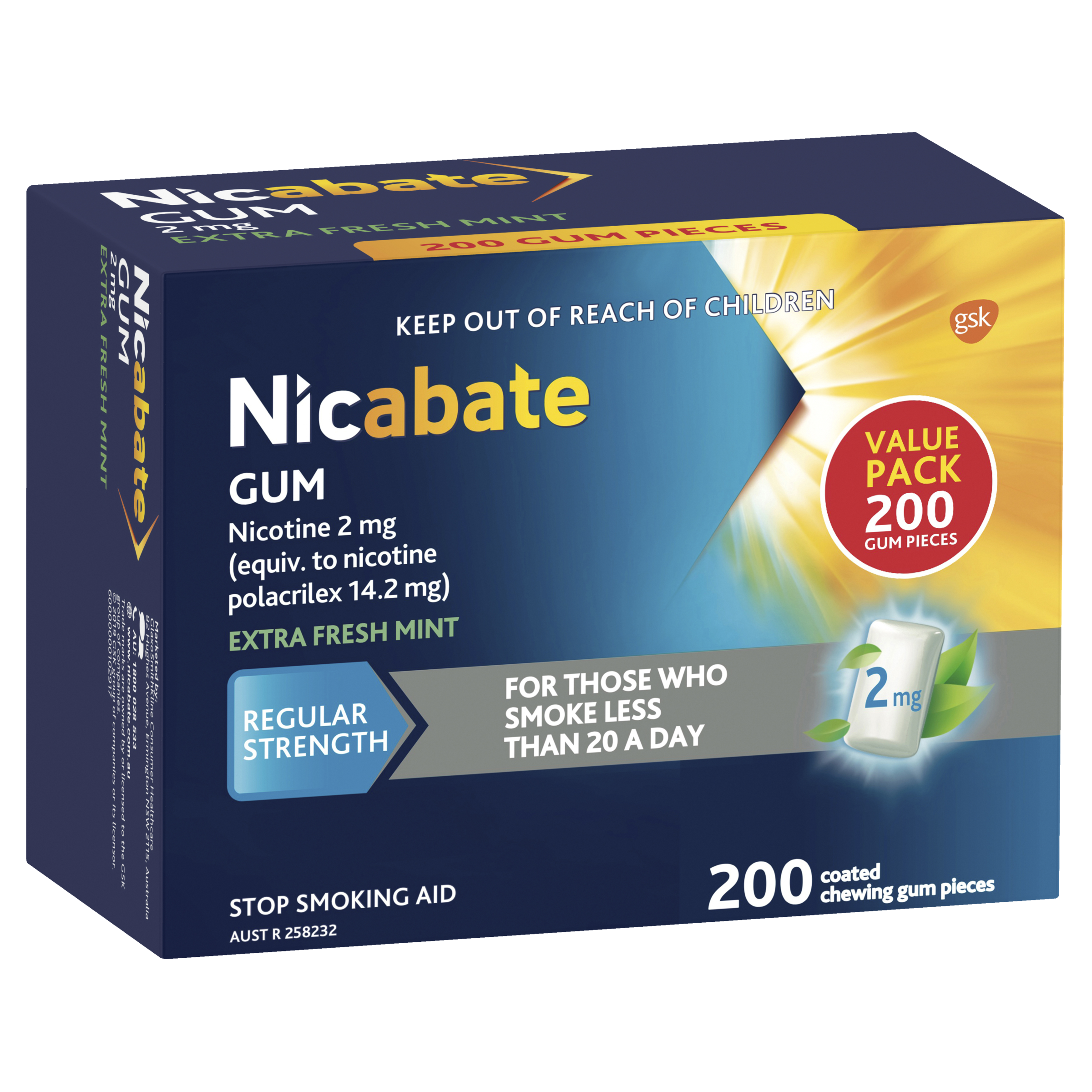 NICABATE GUM REGULAR EXTRA FRESH MINT 2MG 200 PACK