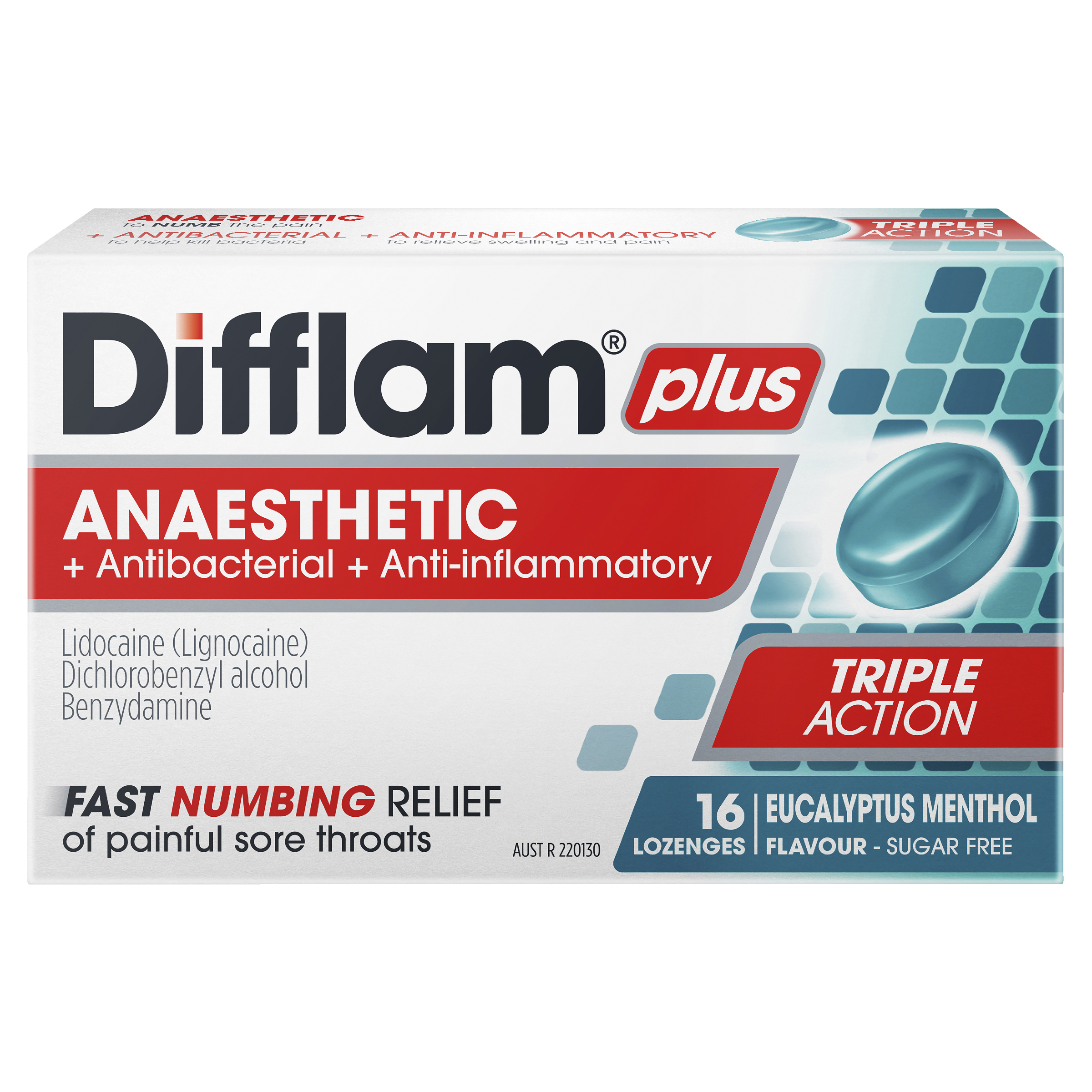DIFFLAM PLUS ANAESTHETIC EUCALYPTUS MENTHOL THROAT 16 LOZENGES - Image 2