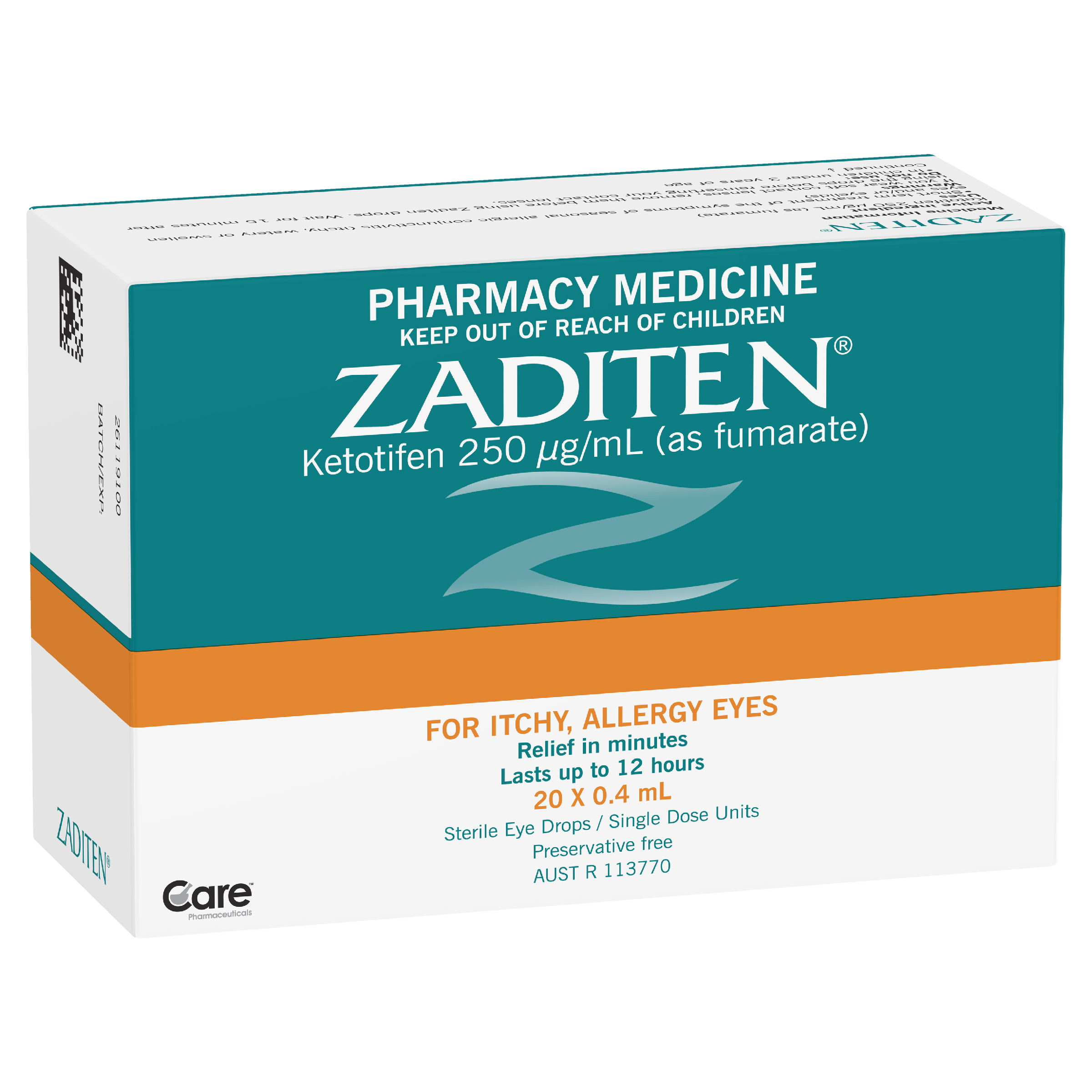 ZADITEN PRESERVATIVE FREE ALLERGY EYE DROPS 0.4ML 20 PACK