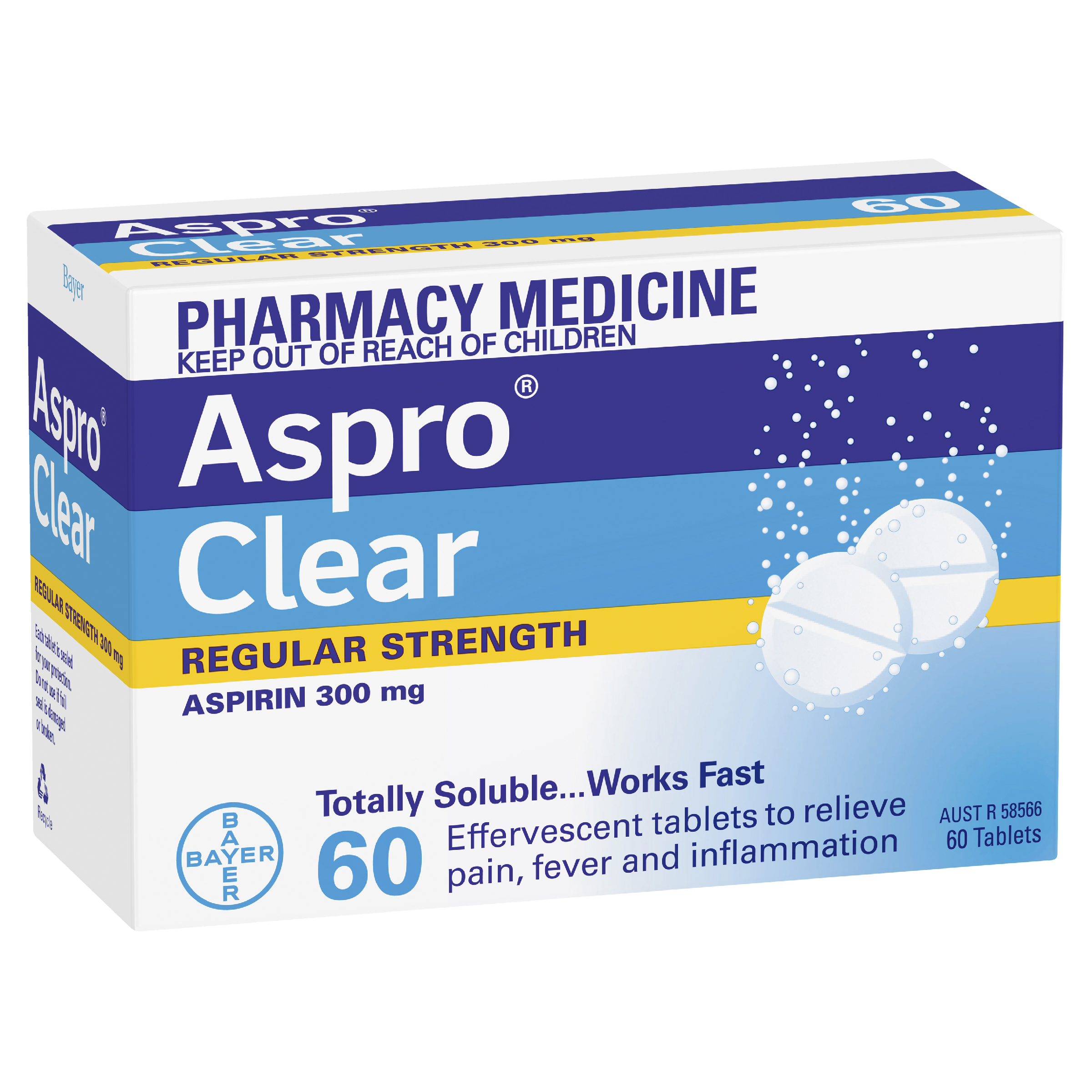 ASPRO CLEAR ASPIRIN 300MG 60 EFFERVESCENT TABLETS