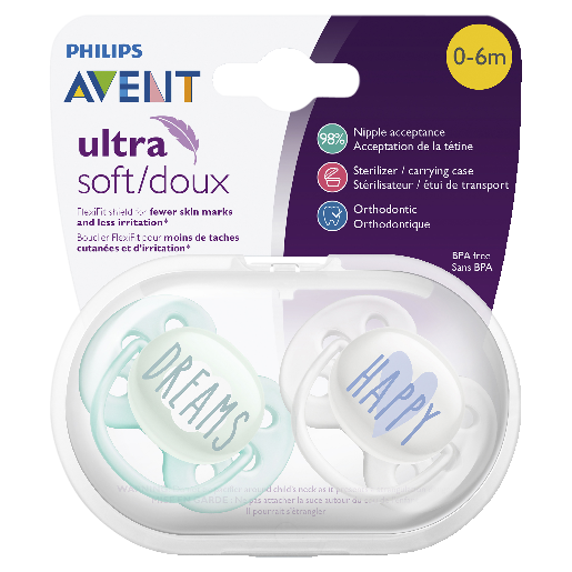 AVENT ULTRA SOFT SOOTHER DECO 0-6MTHS 2 PACK