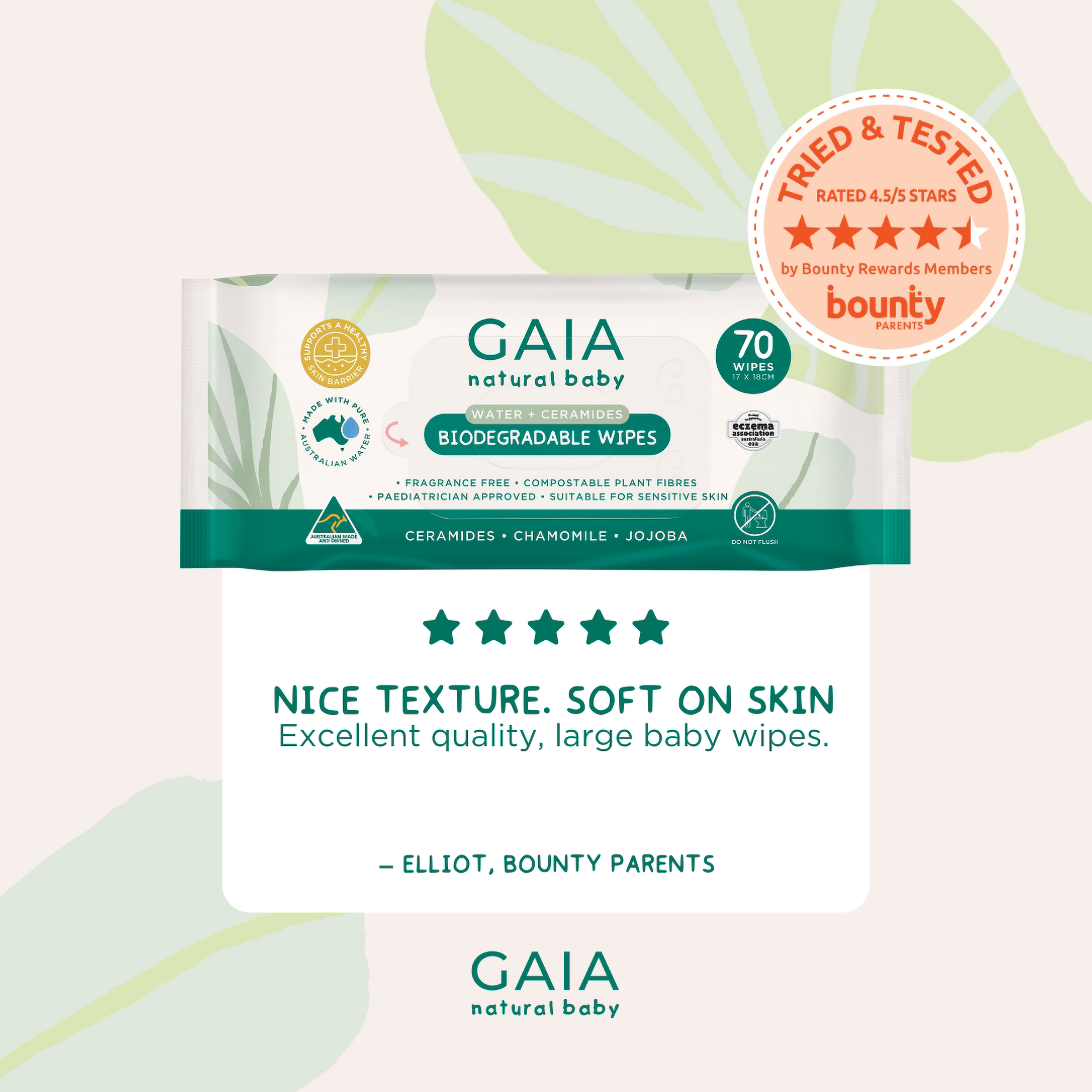 GAIA BABY WIPES NATURAL BIODEGRADABLE WATER + CERAMIDES 70 PACK - Image 10