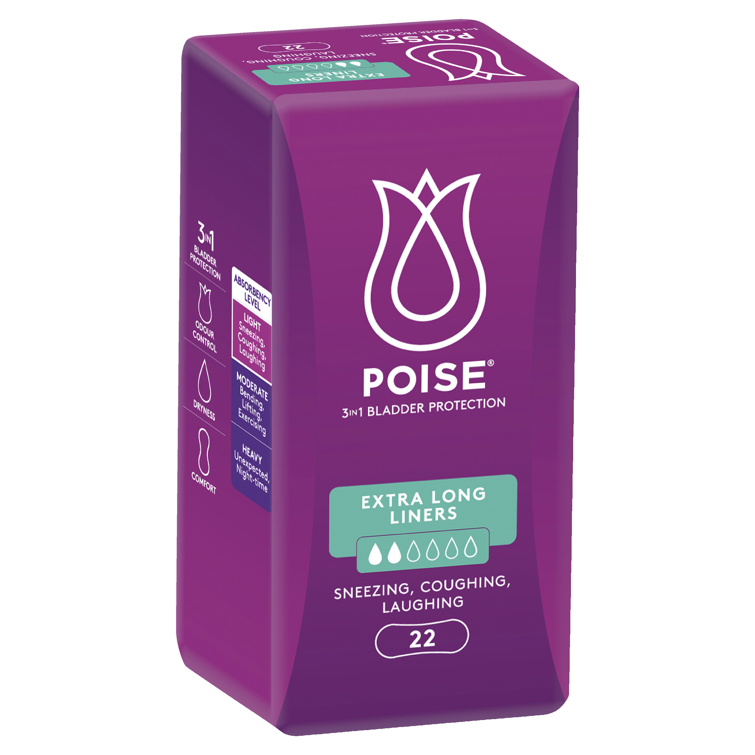 POISE 3-IN-1 LINER EXTRA LONG 2D 22 PACK