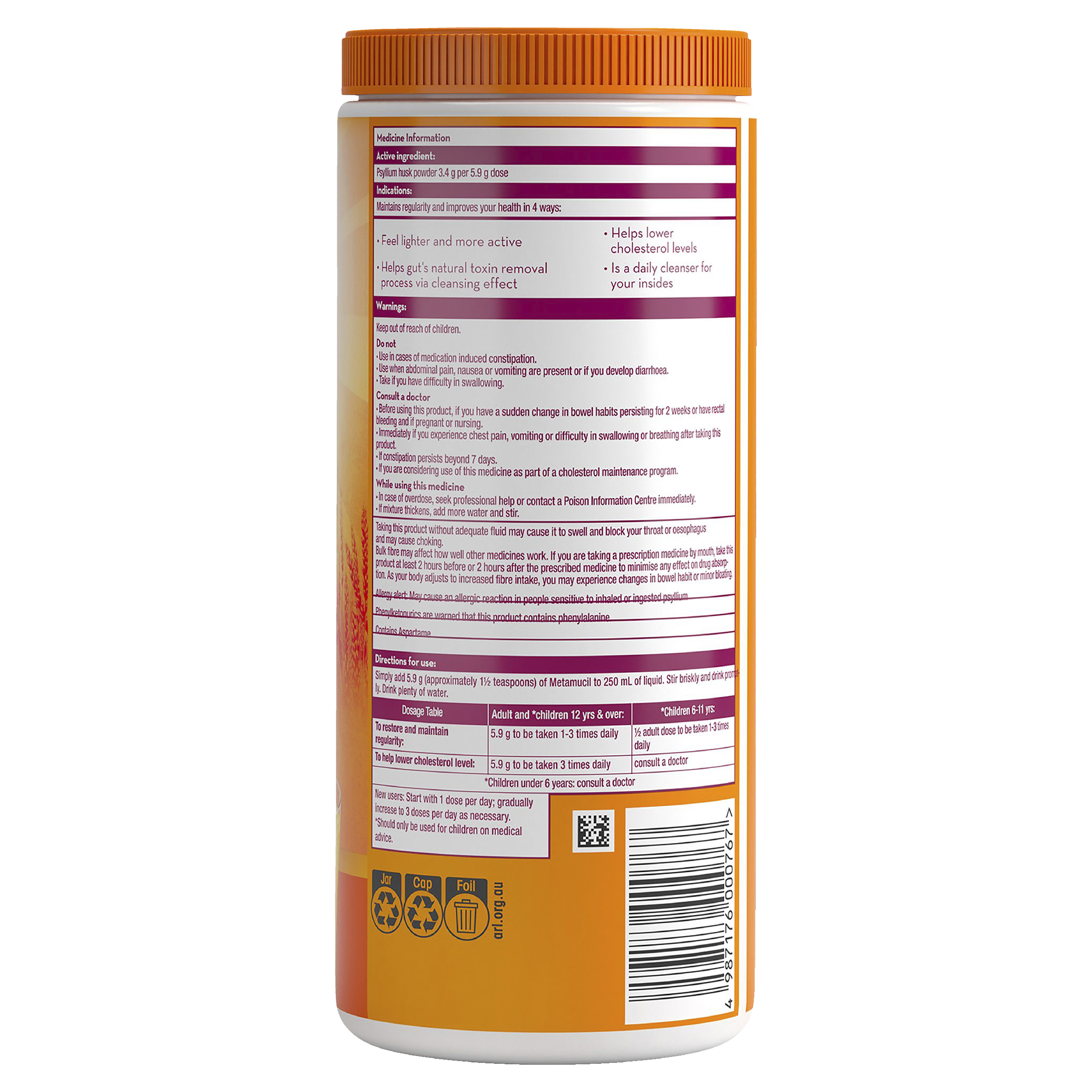 METAMUCIL ORANGE SMOOTH 425G 72 DOSES - Image 2