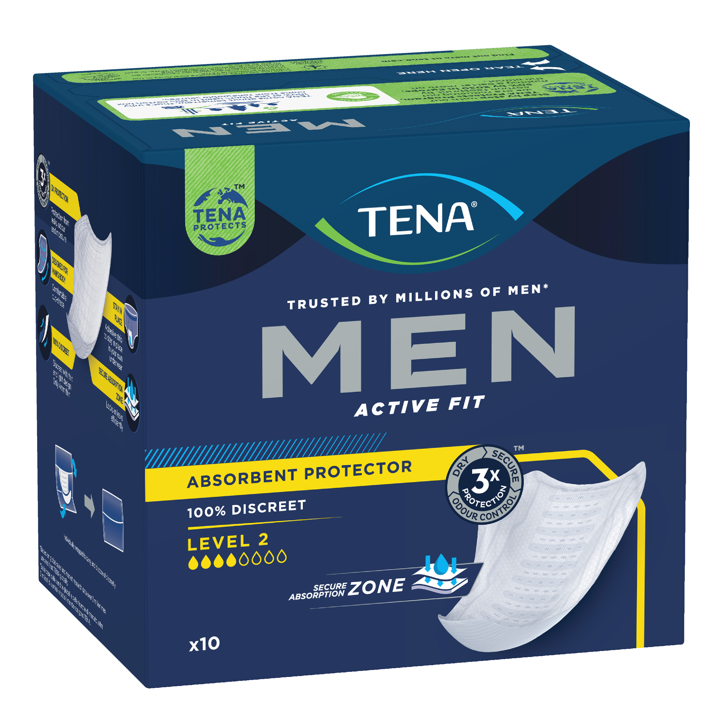 TENA MEN SHIELDS ACTIVE FIT 4D LEVEL 2 10 PACK