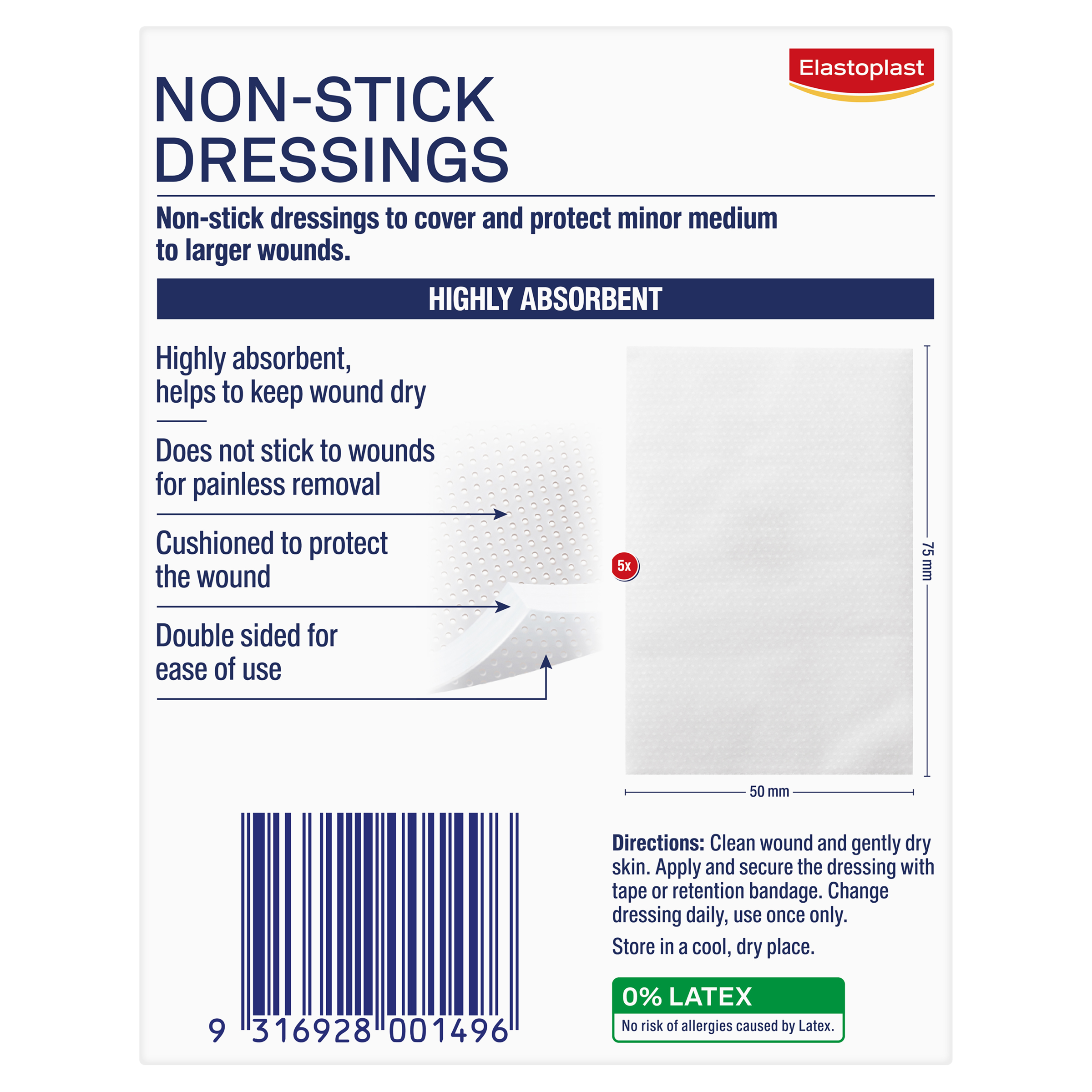 ELASTOPLAST NON-STICK DRESSINGS 7.5CM X 5CM 5 PACK - Image 2