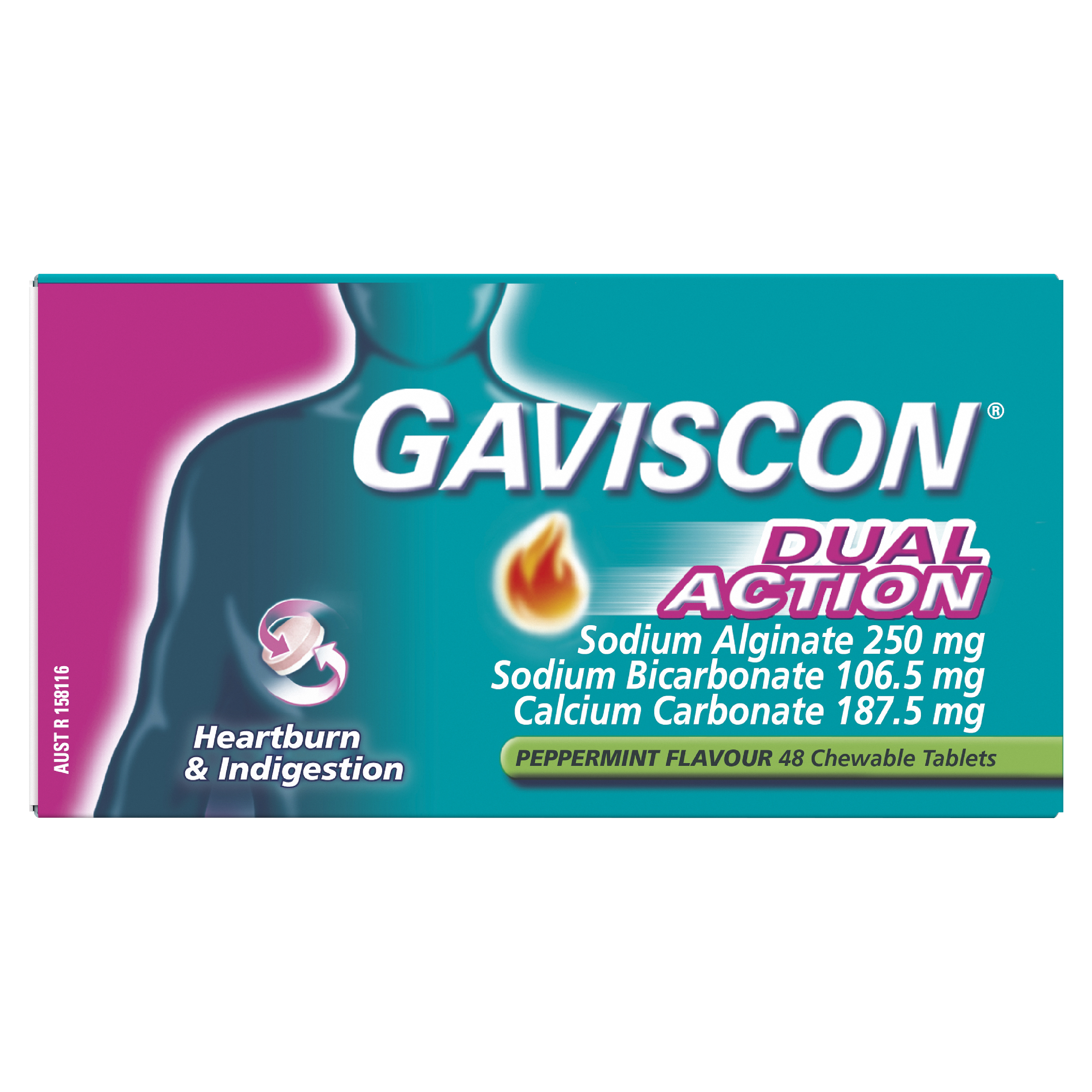 GAVISCON DUAL ACTION PEPPERMINT 48 TABLETS - Image 2