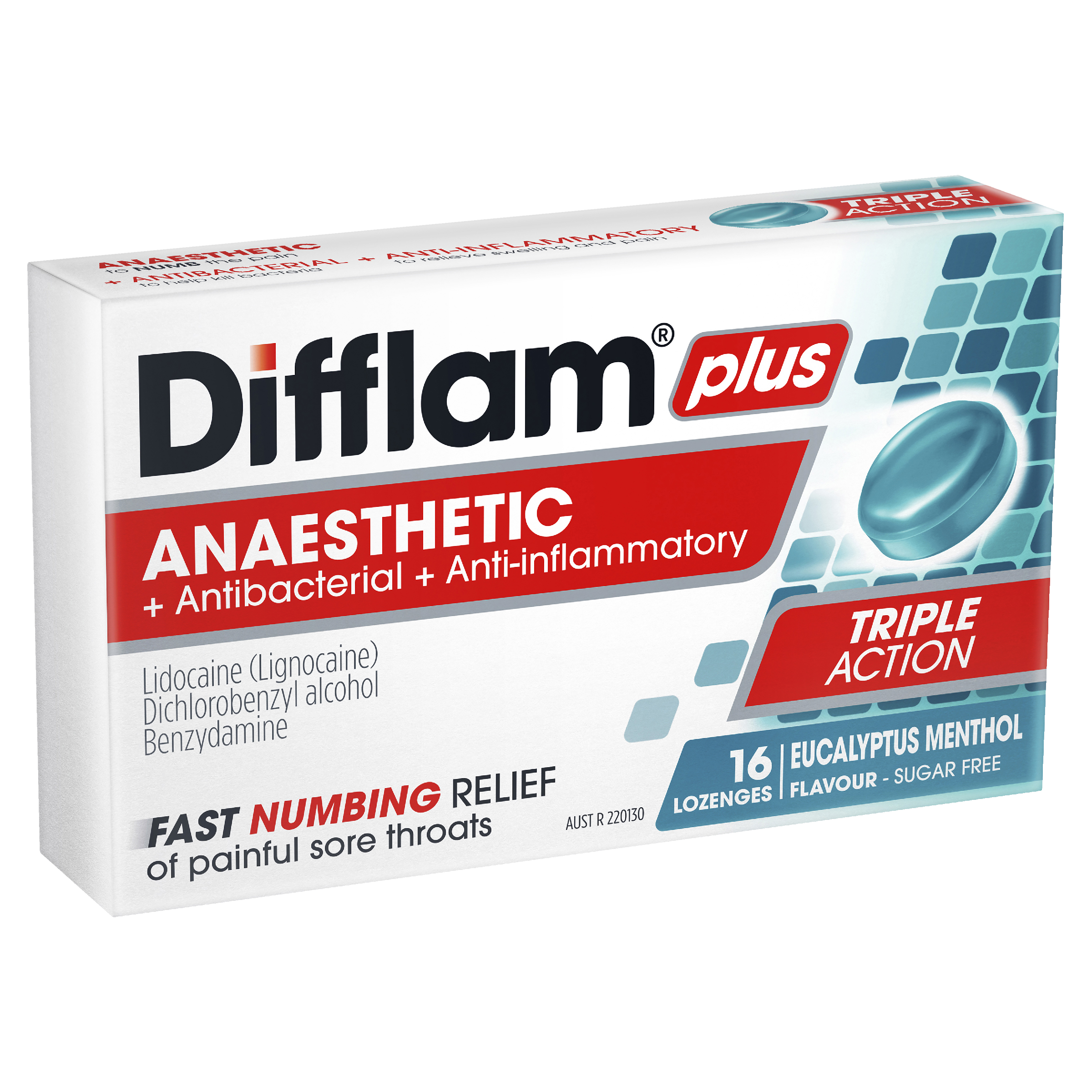 DIFFLAM PLUS ANAESTHETIC EUCALYPTUS MENTHOL THROAT 16 LOZENGES