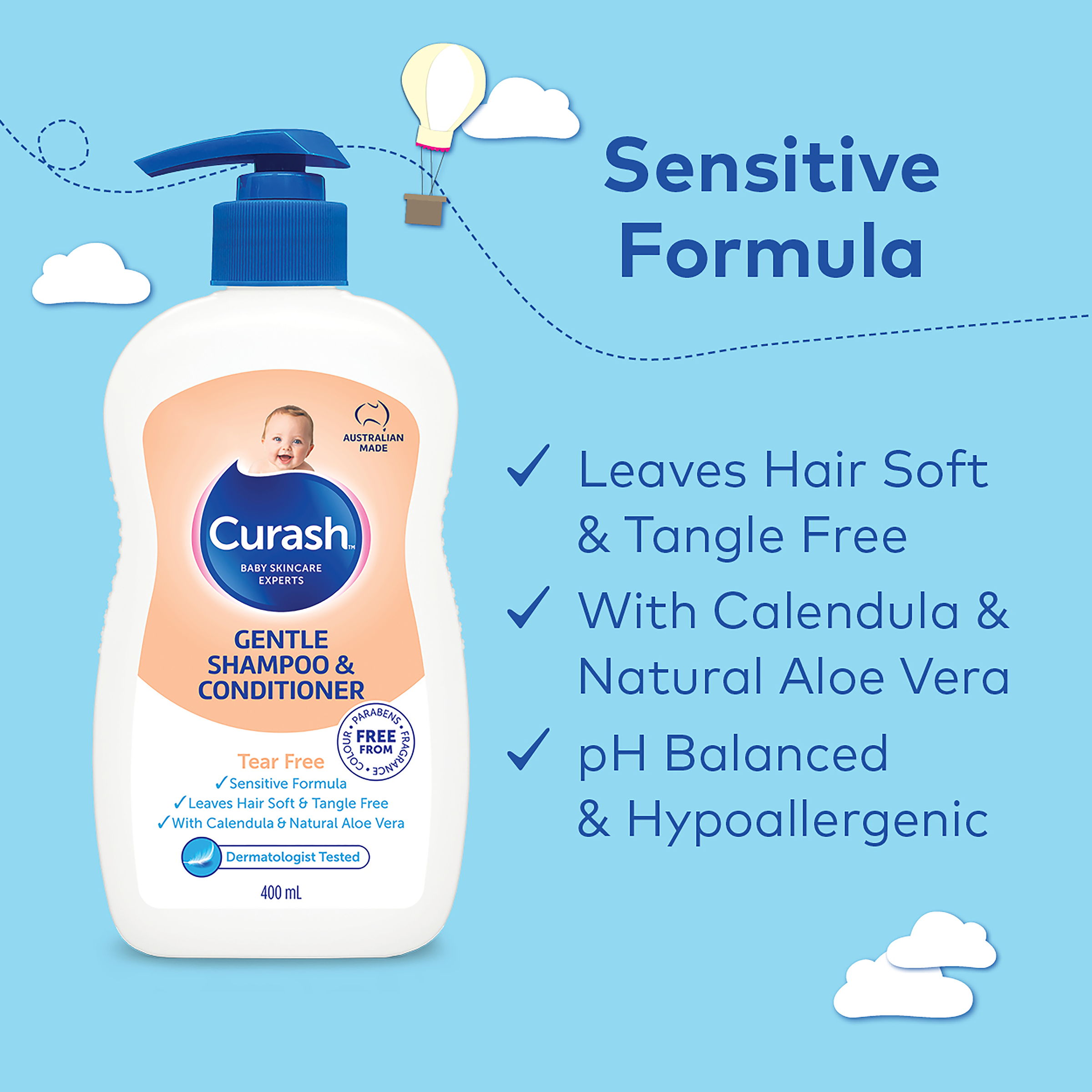 CURASH BABYCARE GENTLE SHAMPOO & CONDITIONER PUMP 400ML - Image 4