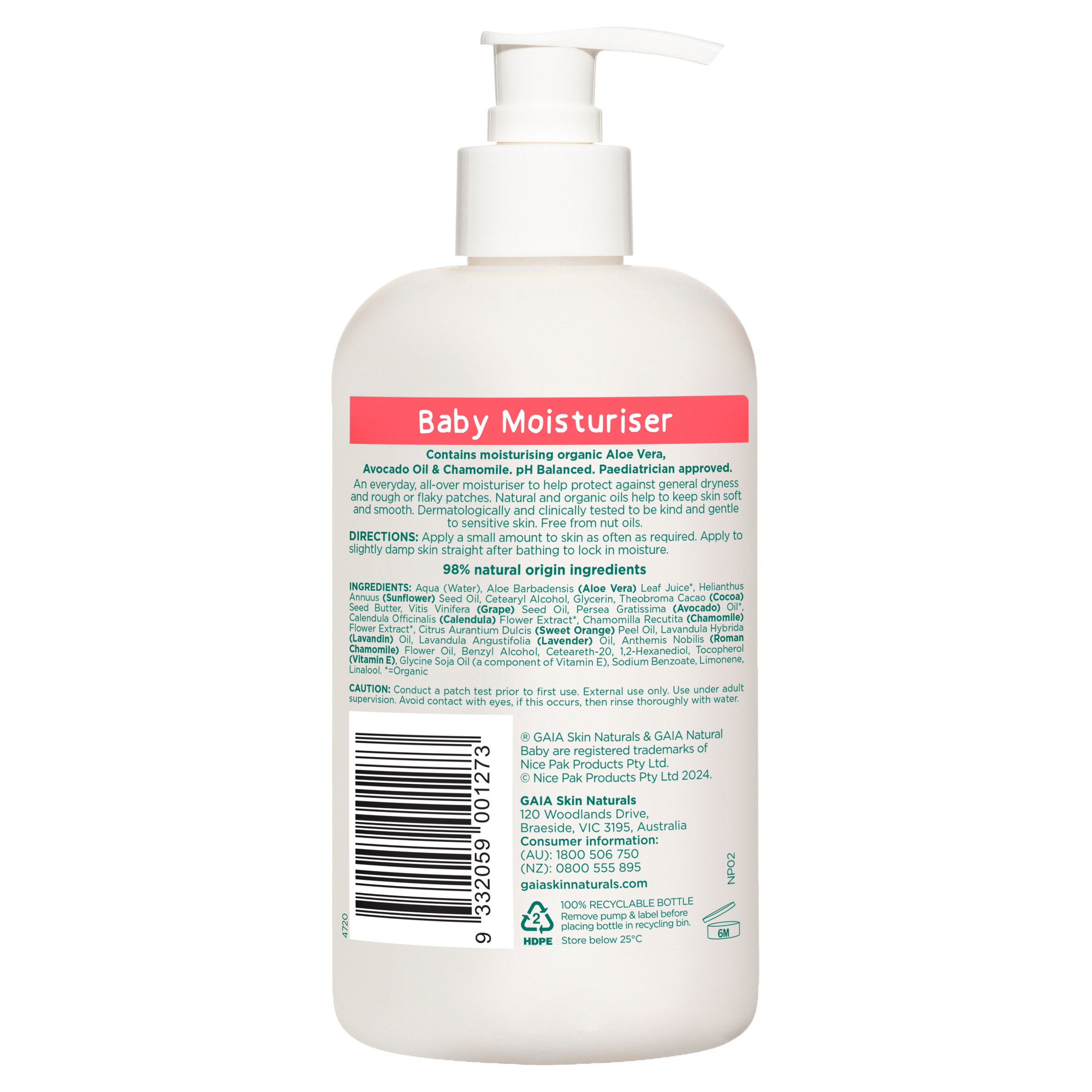GAIA NATURAL BABY MOISTURISER 500ML - Image 2