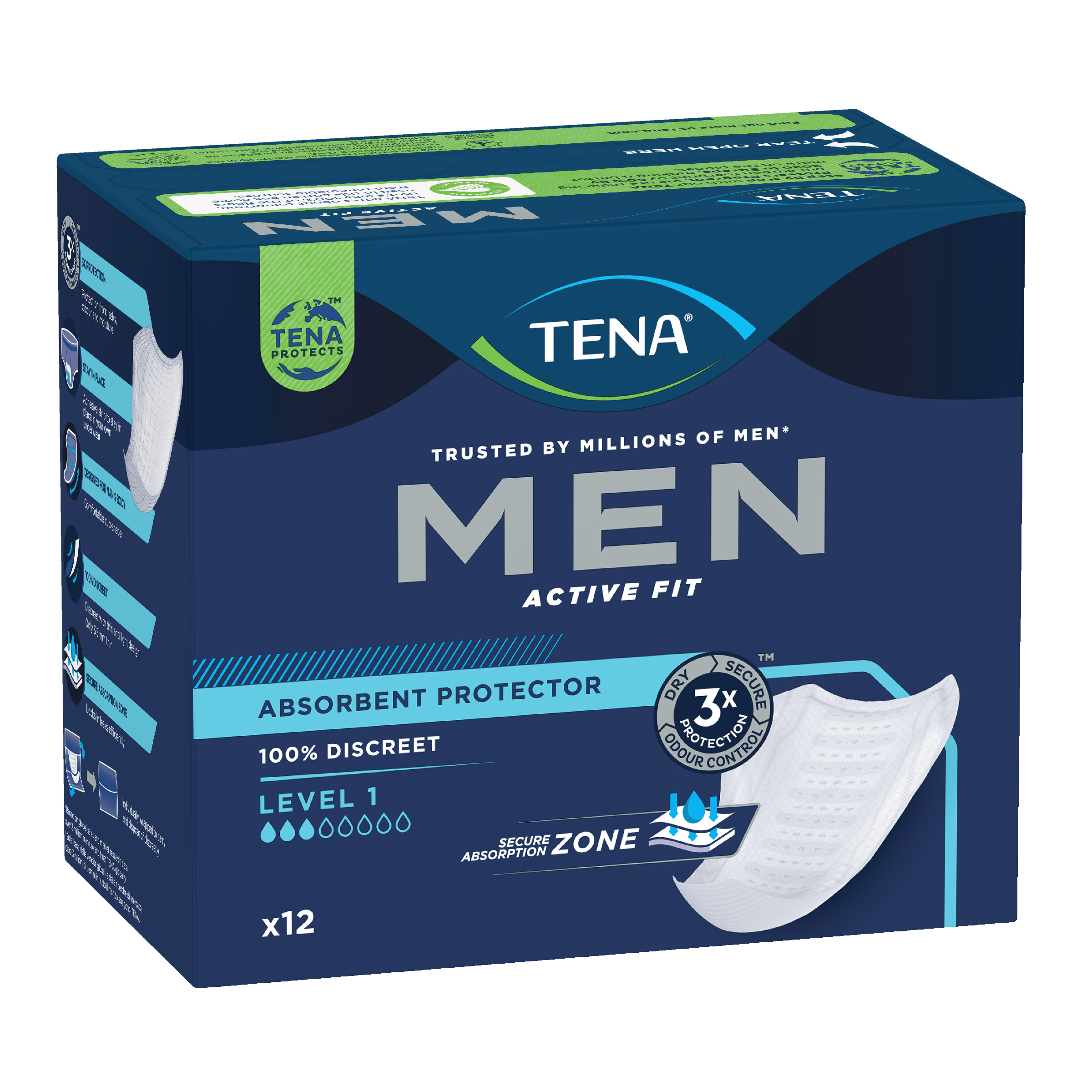 TENA MEN SHIELDS ACTIVE FIT 3D LEVEL 1 12 PACK