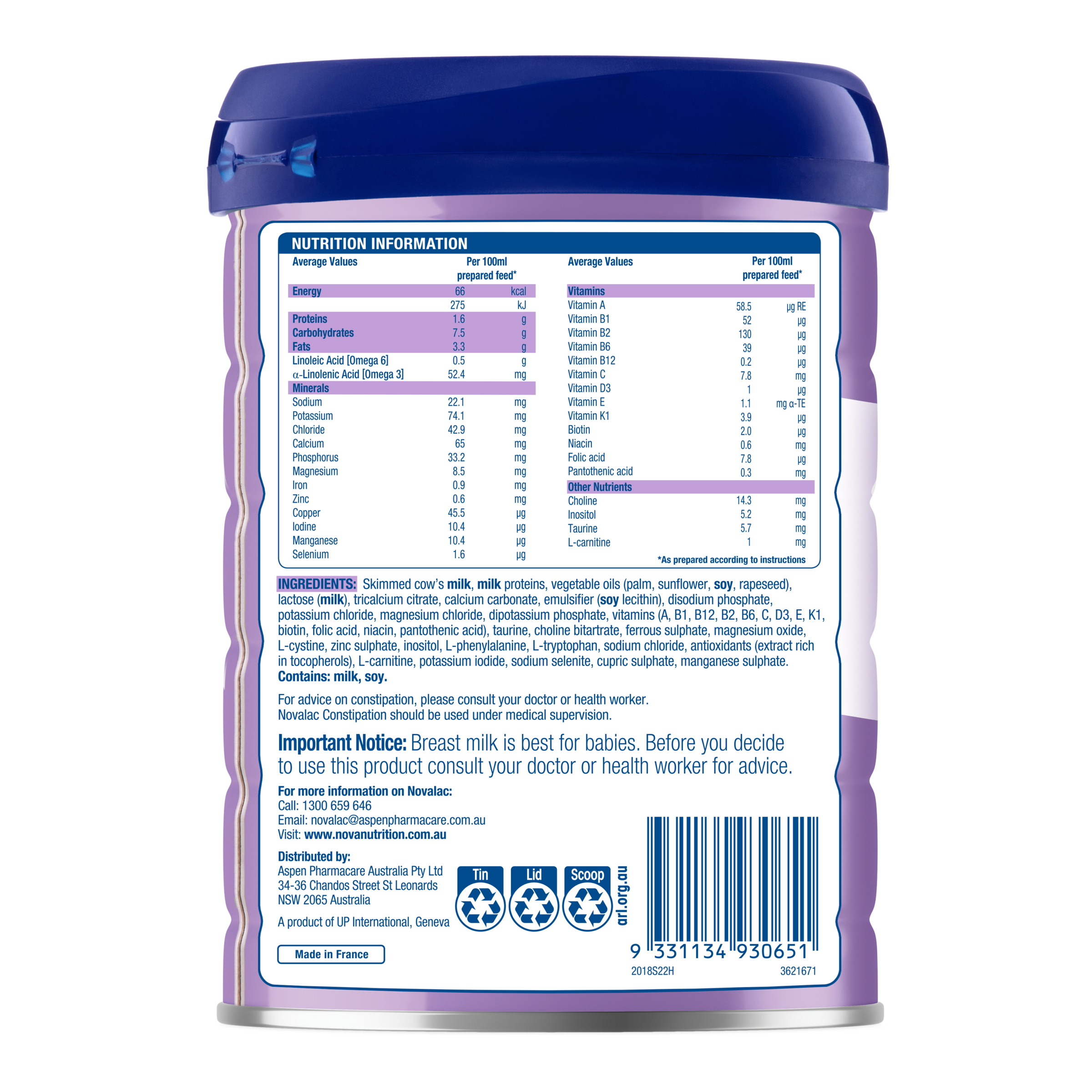 NOVALAC CONSTIPATION INFANT FORMULA 800G - Image 2