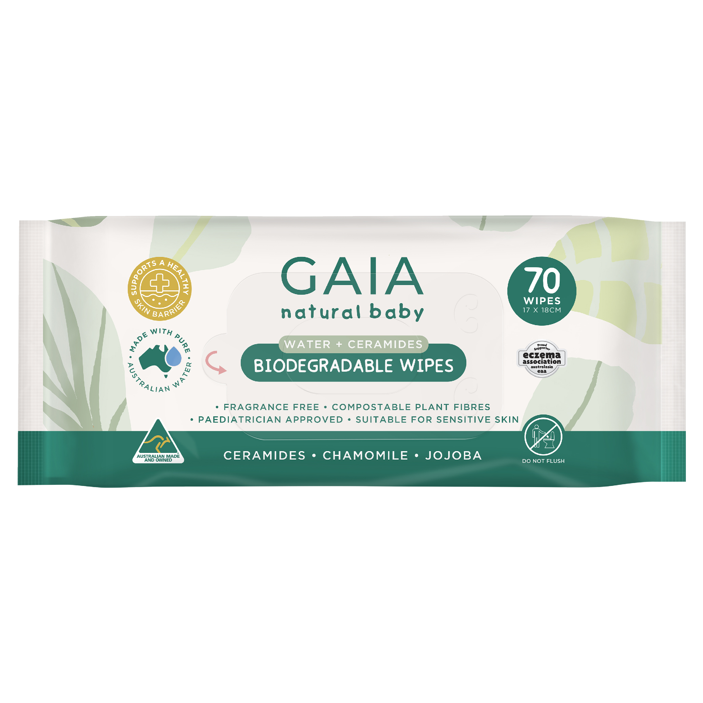 GAIA BABY WIPES NATURAL BIODEGRADABLE WATER + CERAMIDES 70 PACK