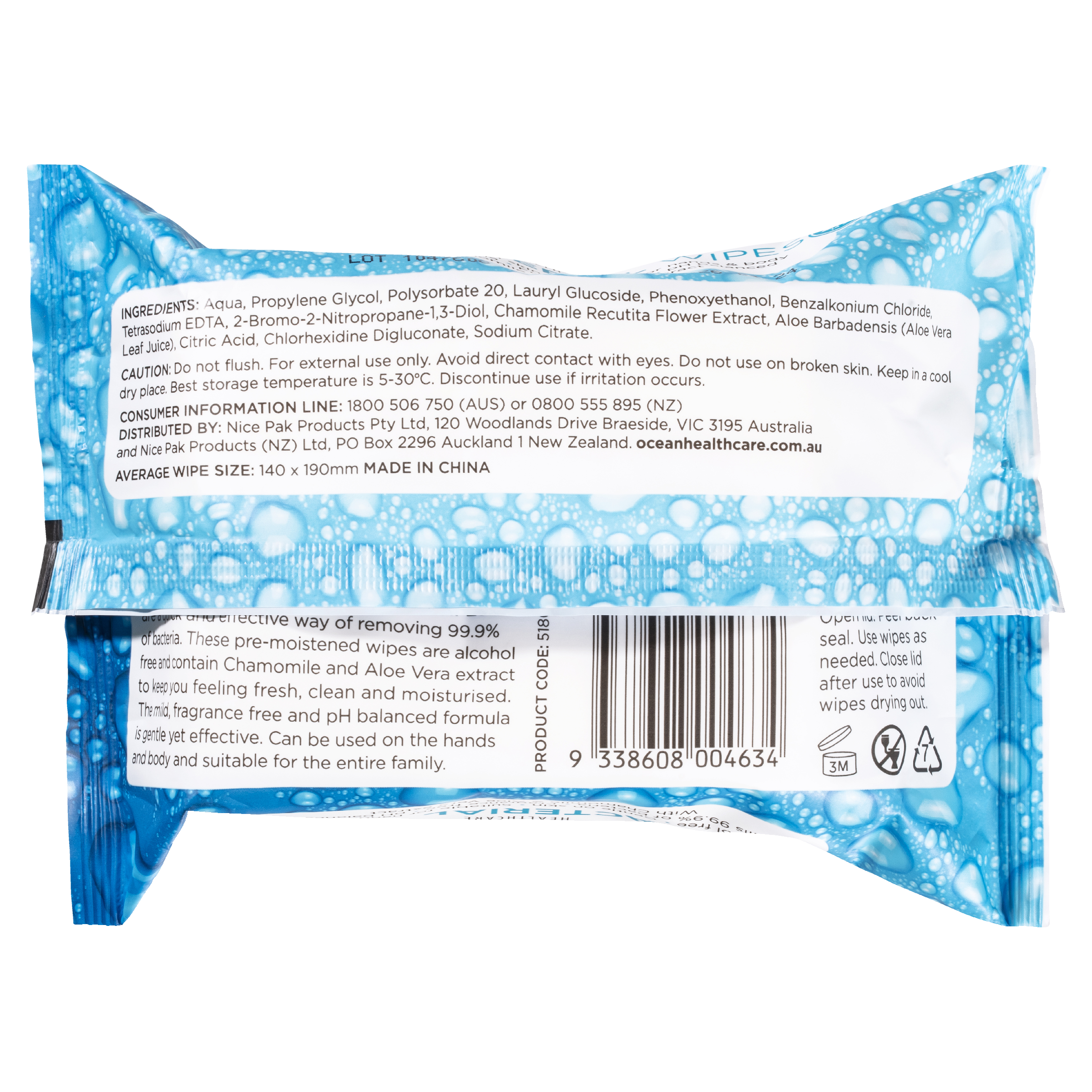 OCEAN HEALTHCARE ANTIBACTERIAL WIPES FRAGRANCE FREE 30 PACK - Image 6